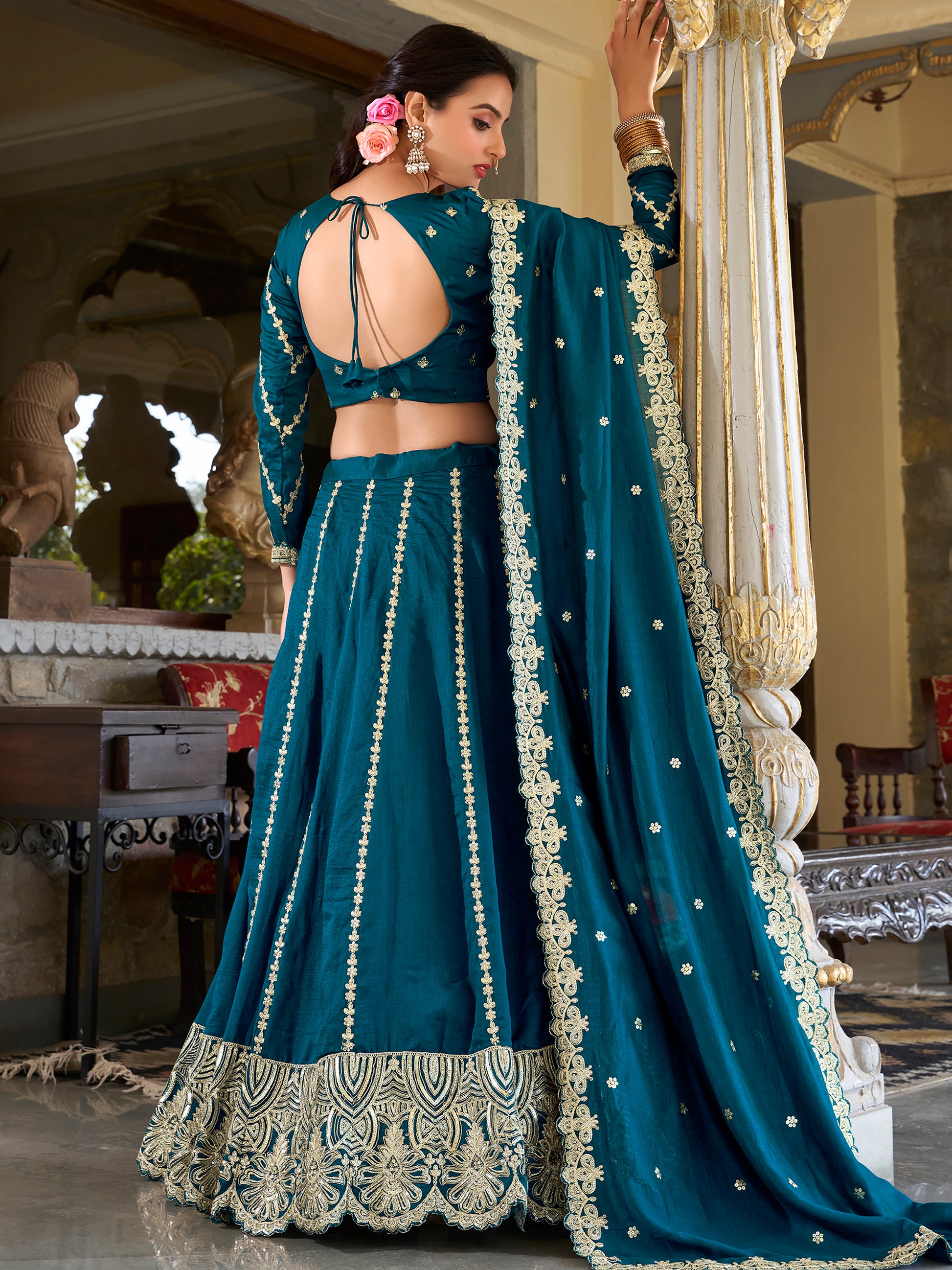 Incredible Blue Thread Embroidered Silk Wedding Lehenga Choli