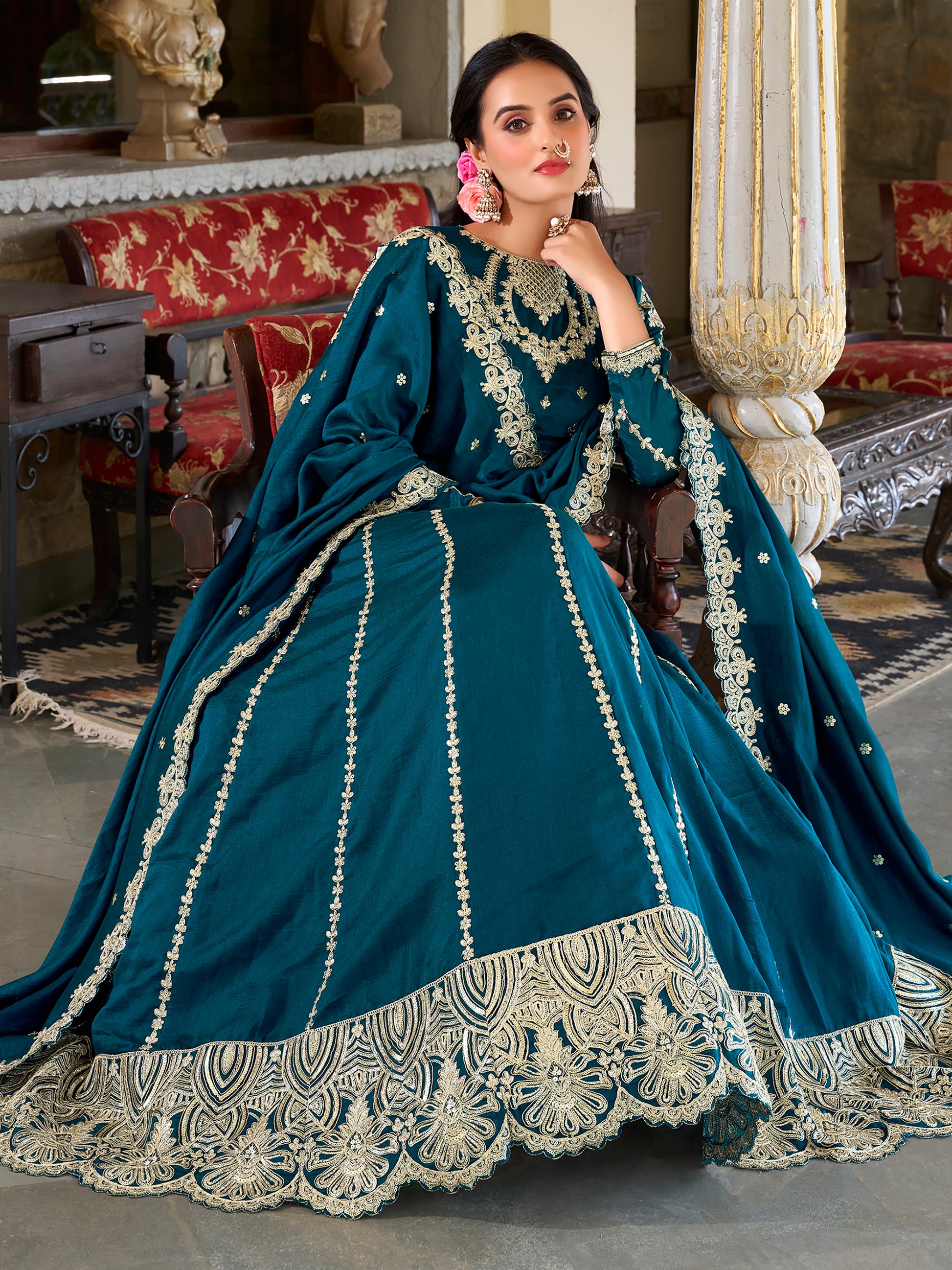 Incredible Blue Thread Embroidered Silk Wedding Lehenga Choli