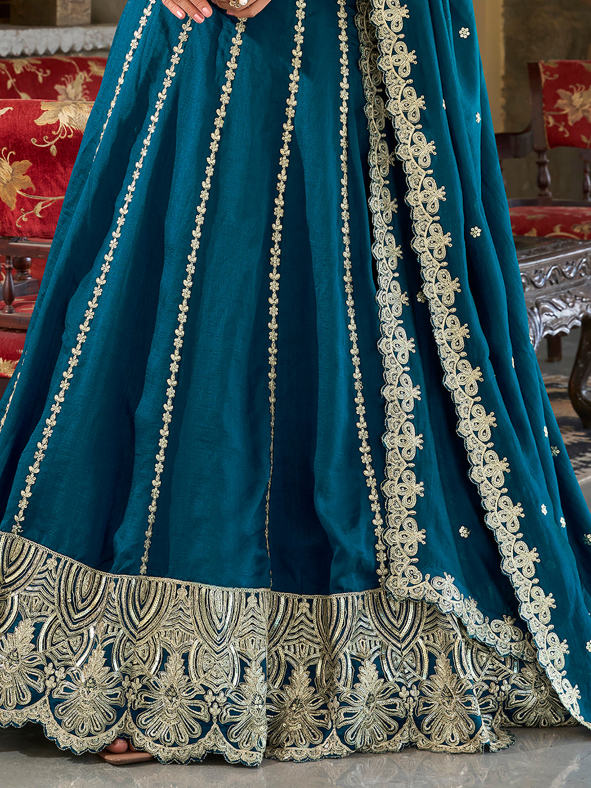 Incredible Blue Thread Embroidered Silk Wedding Lehenga Choli