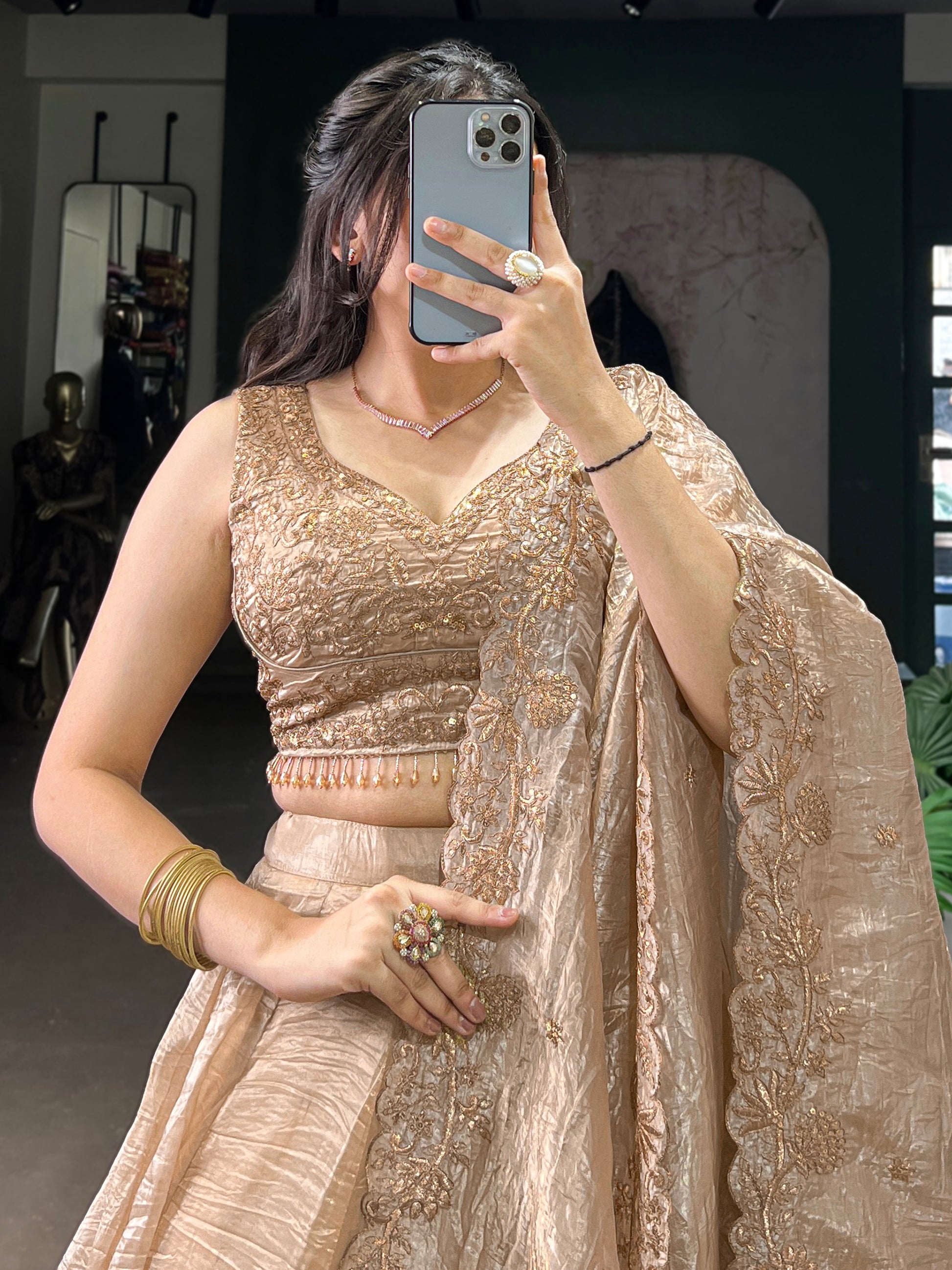 Astonishing Brown Organza Traditional Lehenga Choli With Dupatta