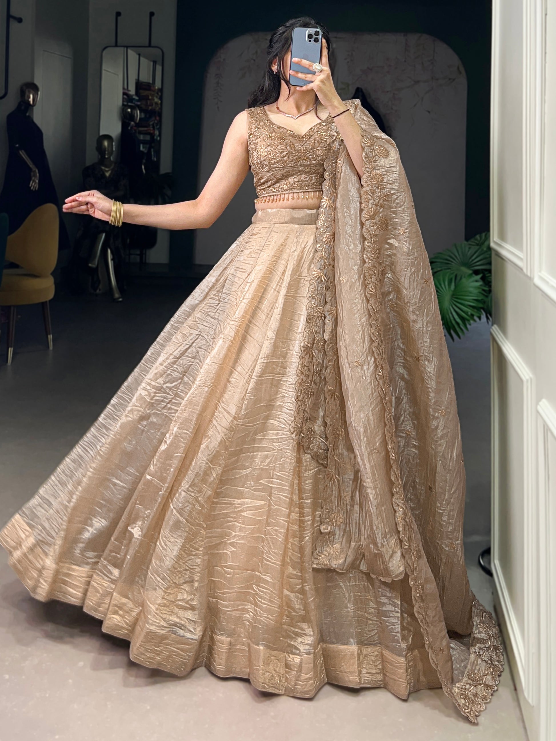 Astonishing Brown Organza Traditional Lehenga Choli With Dupatta