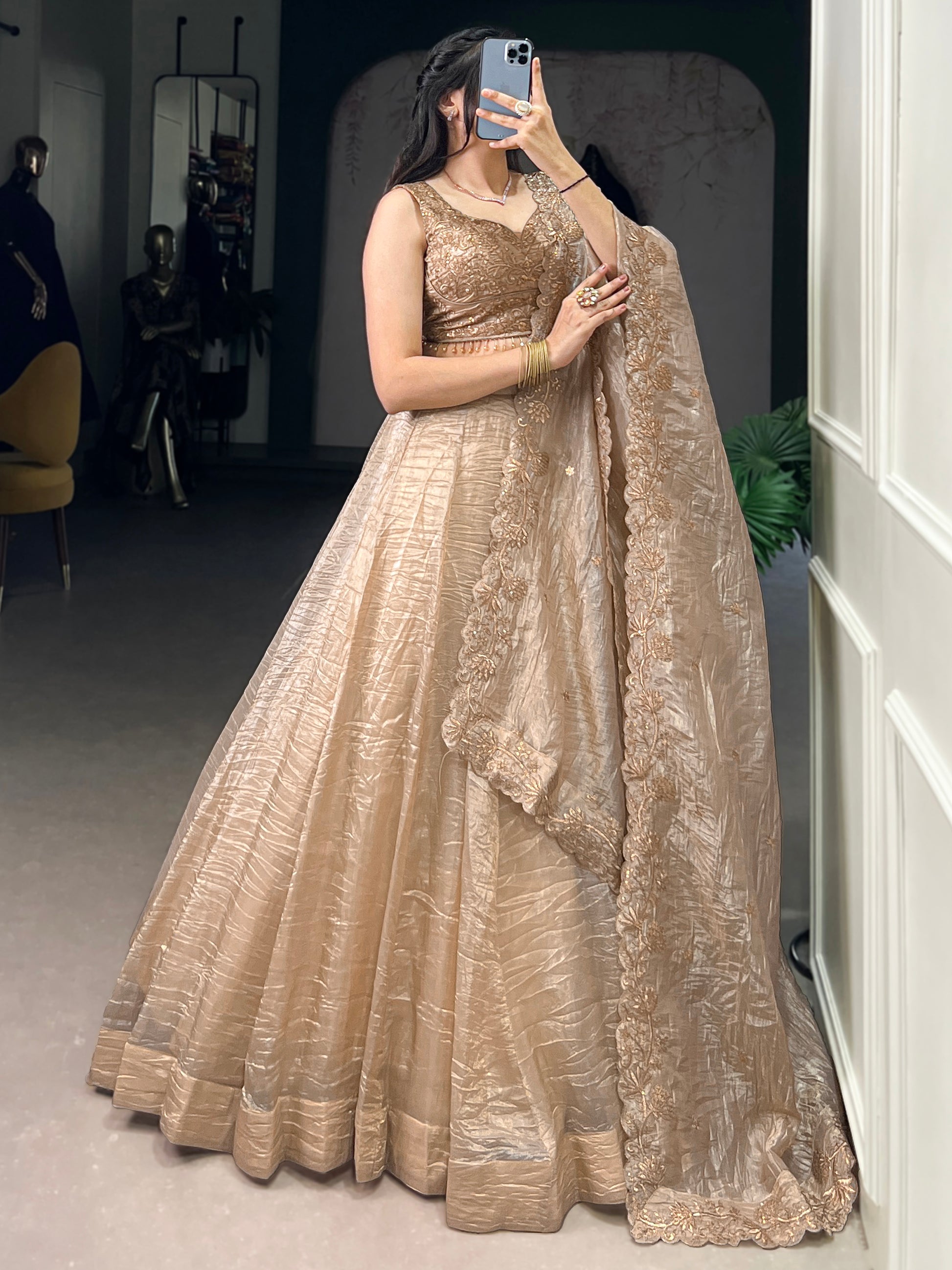 Astonishing Brown Organza Traditional Lehenga Choli With Dupatta