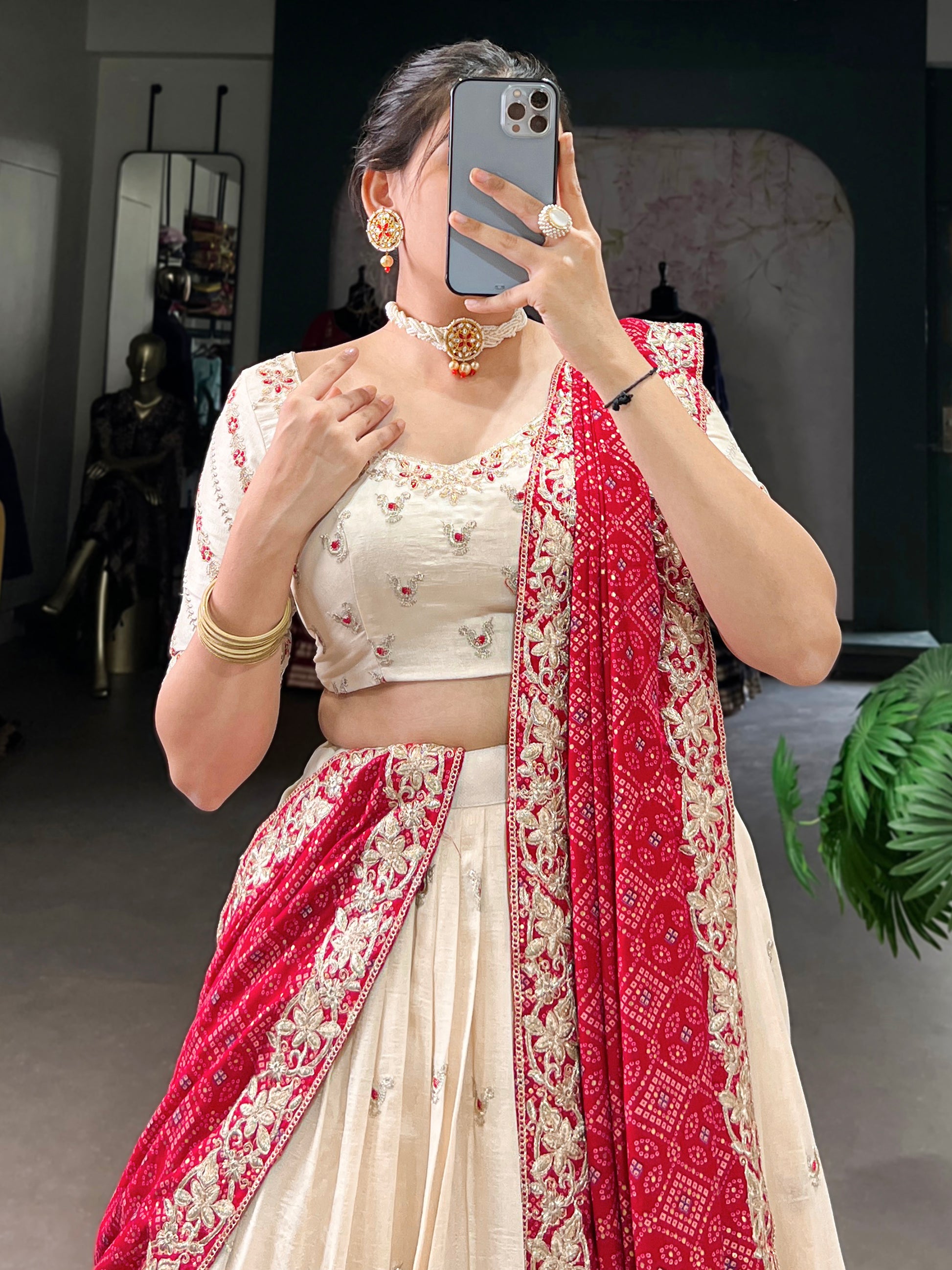 Beautiful Off-White Silk Wedding Lehenga Choli With Bandhani Dupatta