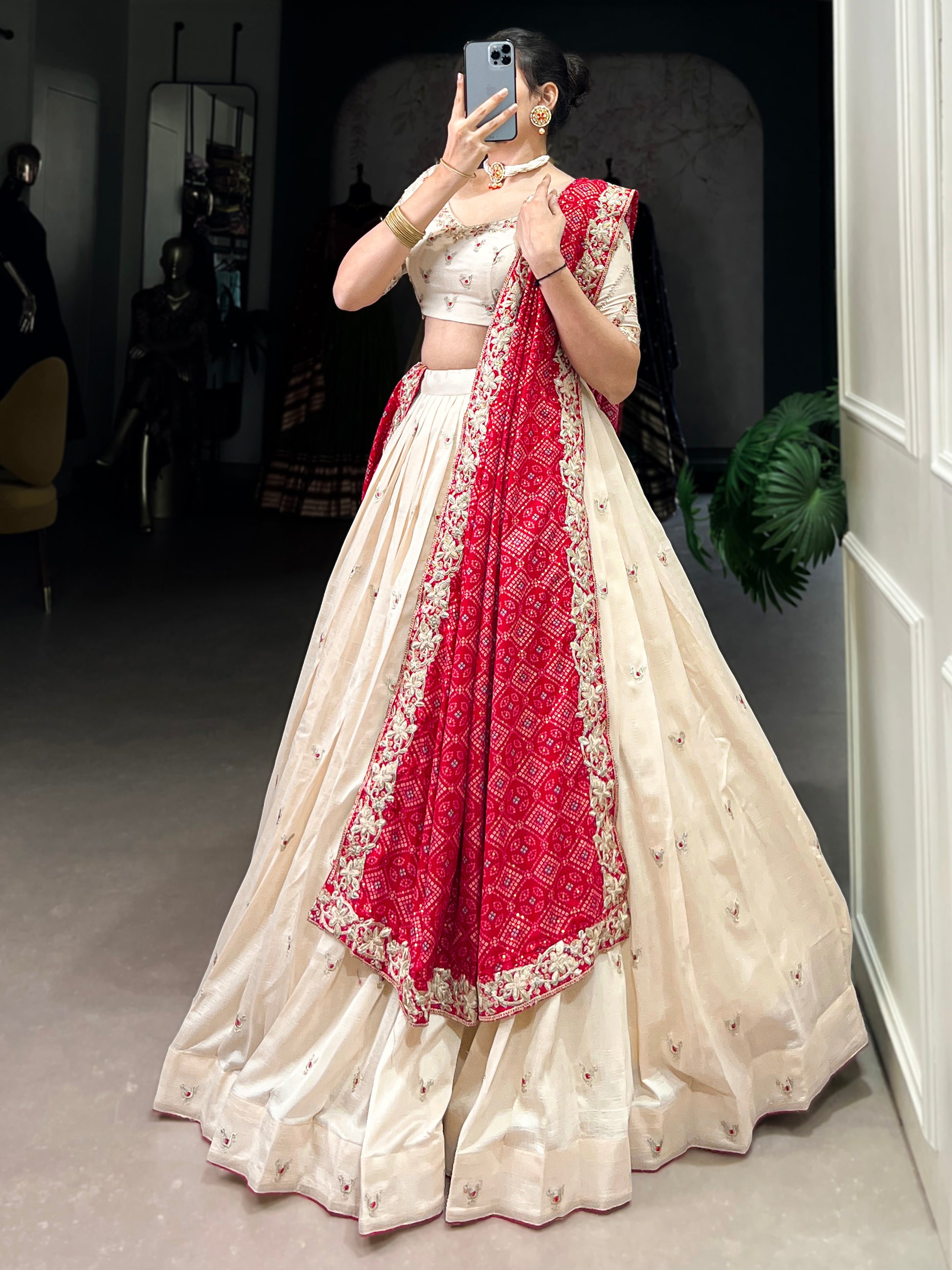 Beautiful Off-White Silk Wedding Lehenga Choli With Bandhani Dupatta