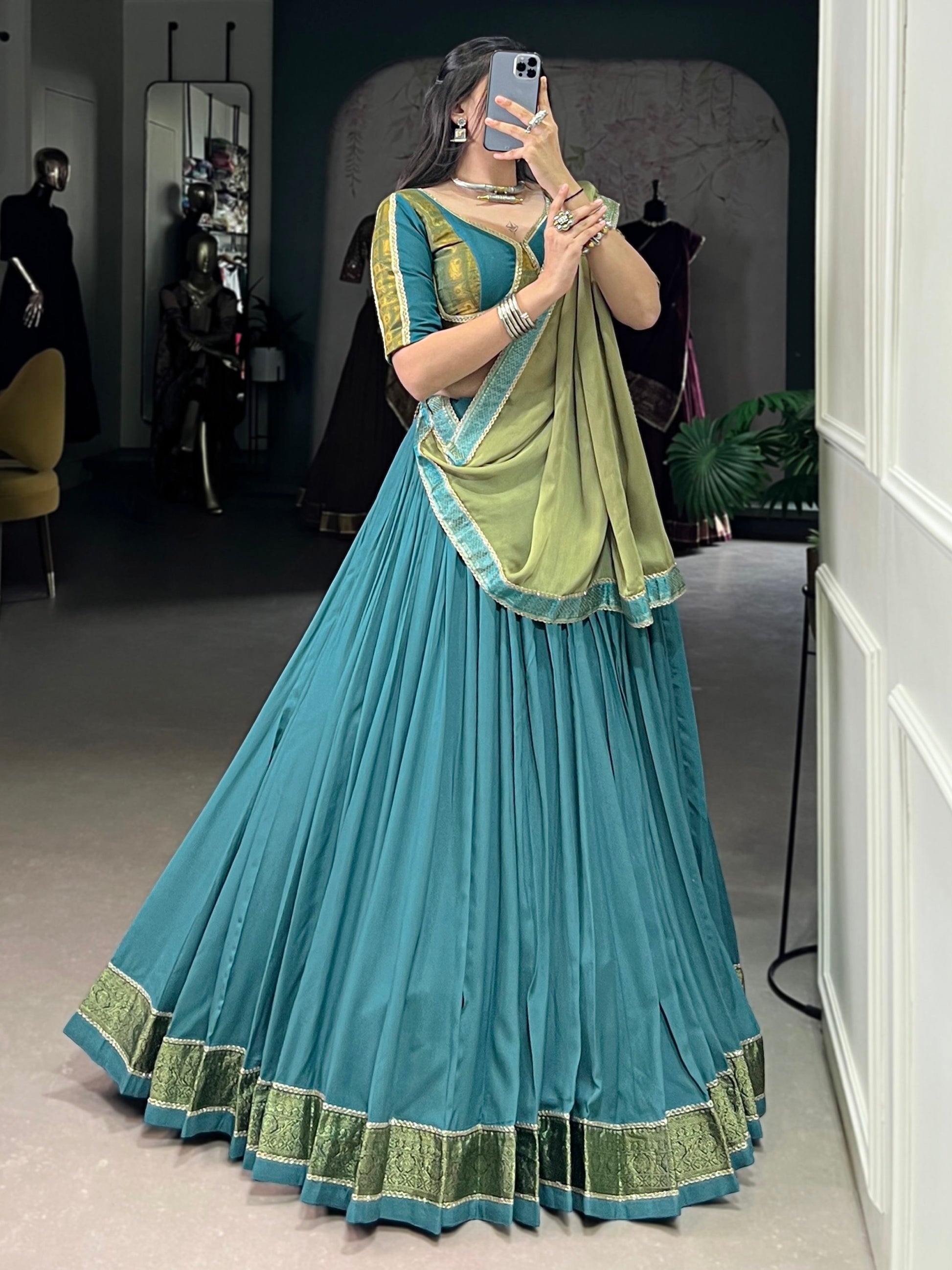 Superb Teal Blue Zari Weaving Rayon Festive Wear Lehenga Choli With Dupatta