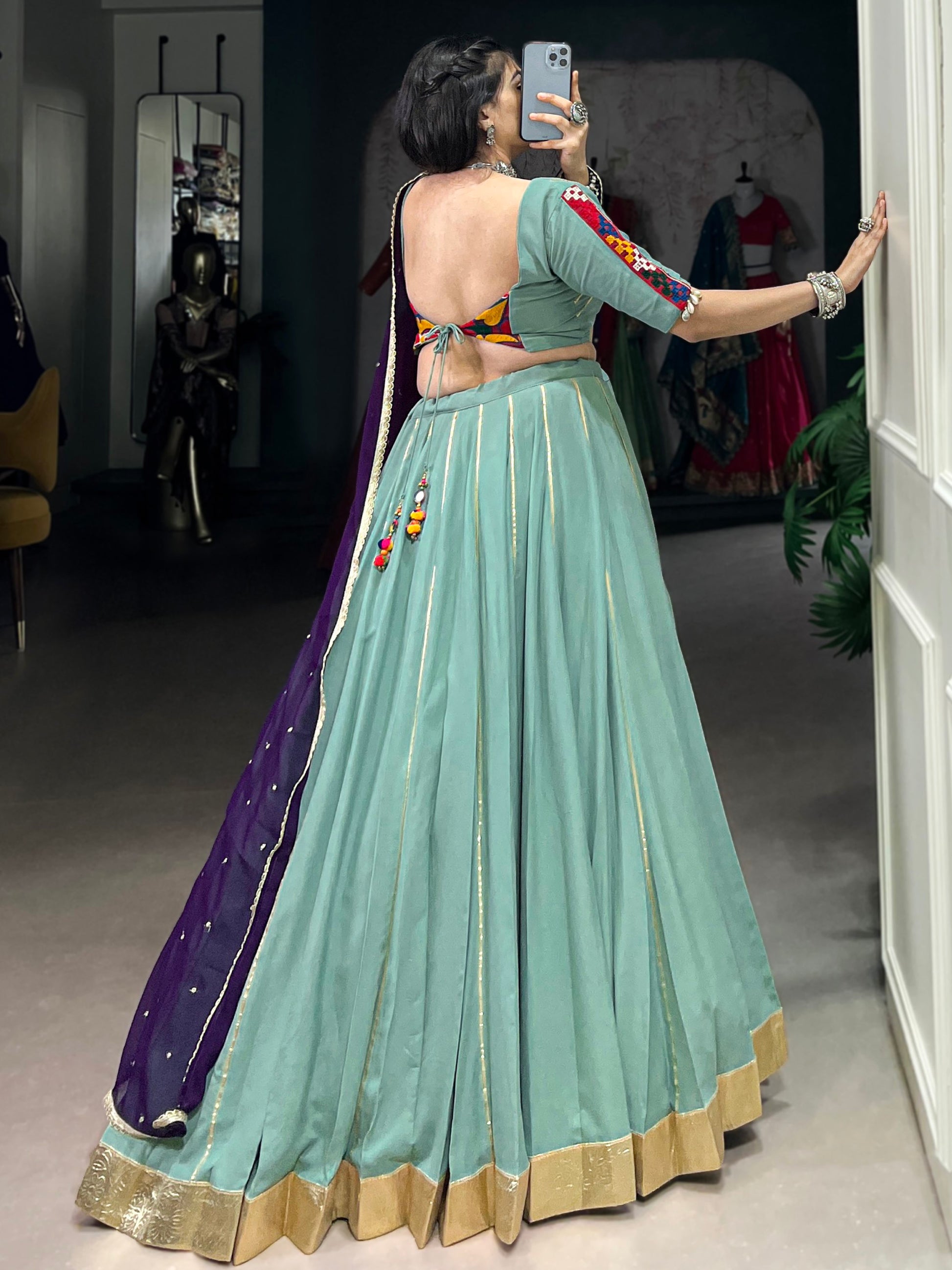 Graceful Sea Green Gamthi Work Rayon Navratri Special Lehenga Choli