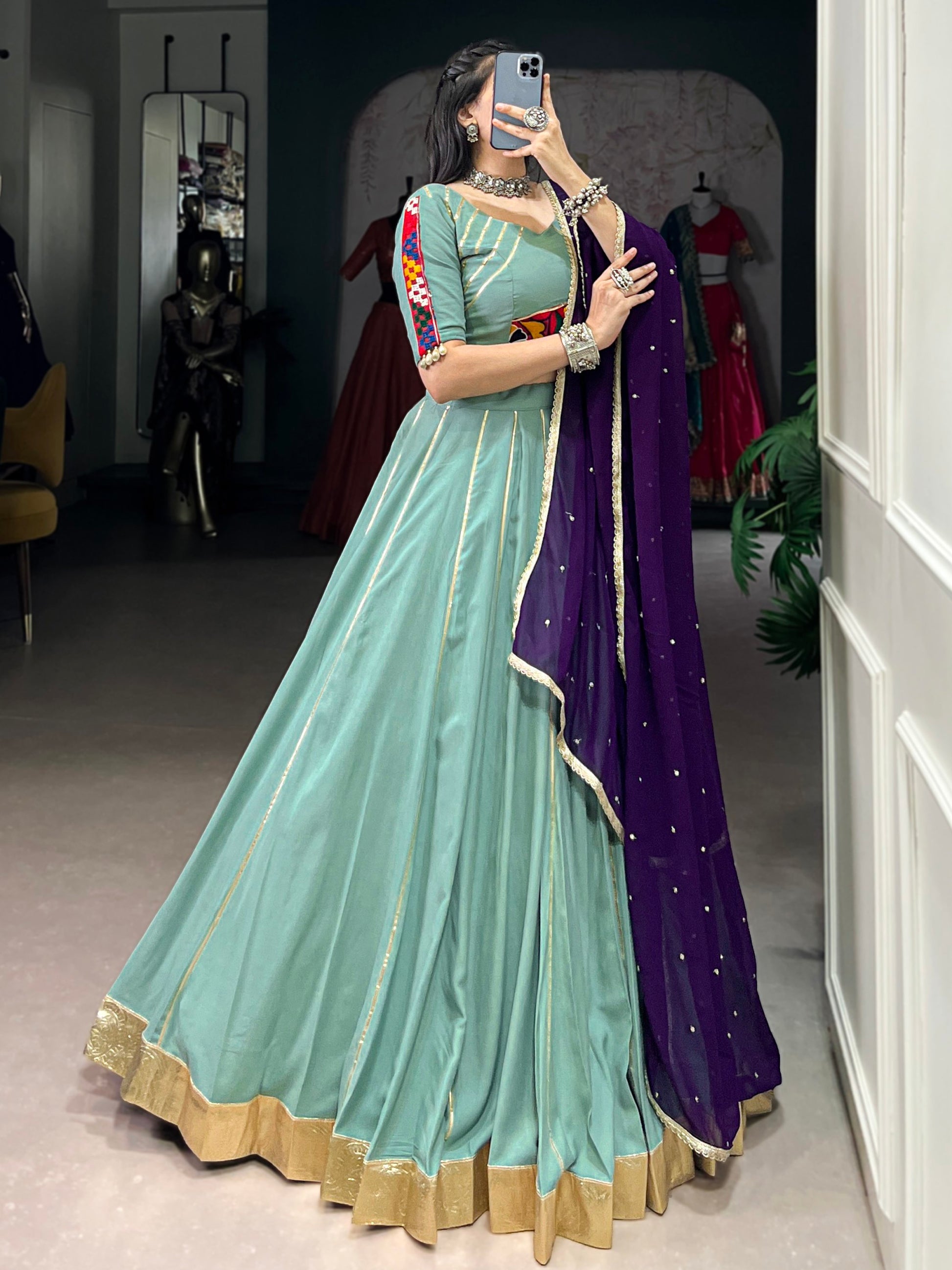 Graceful Sea Green Gamthi Work Rayon Navratri Special Lehenga Choli
