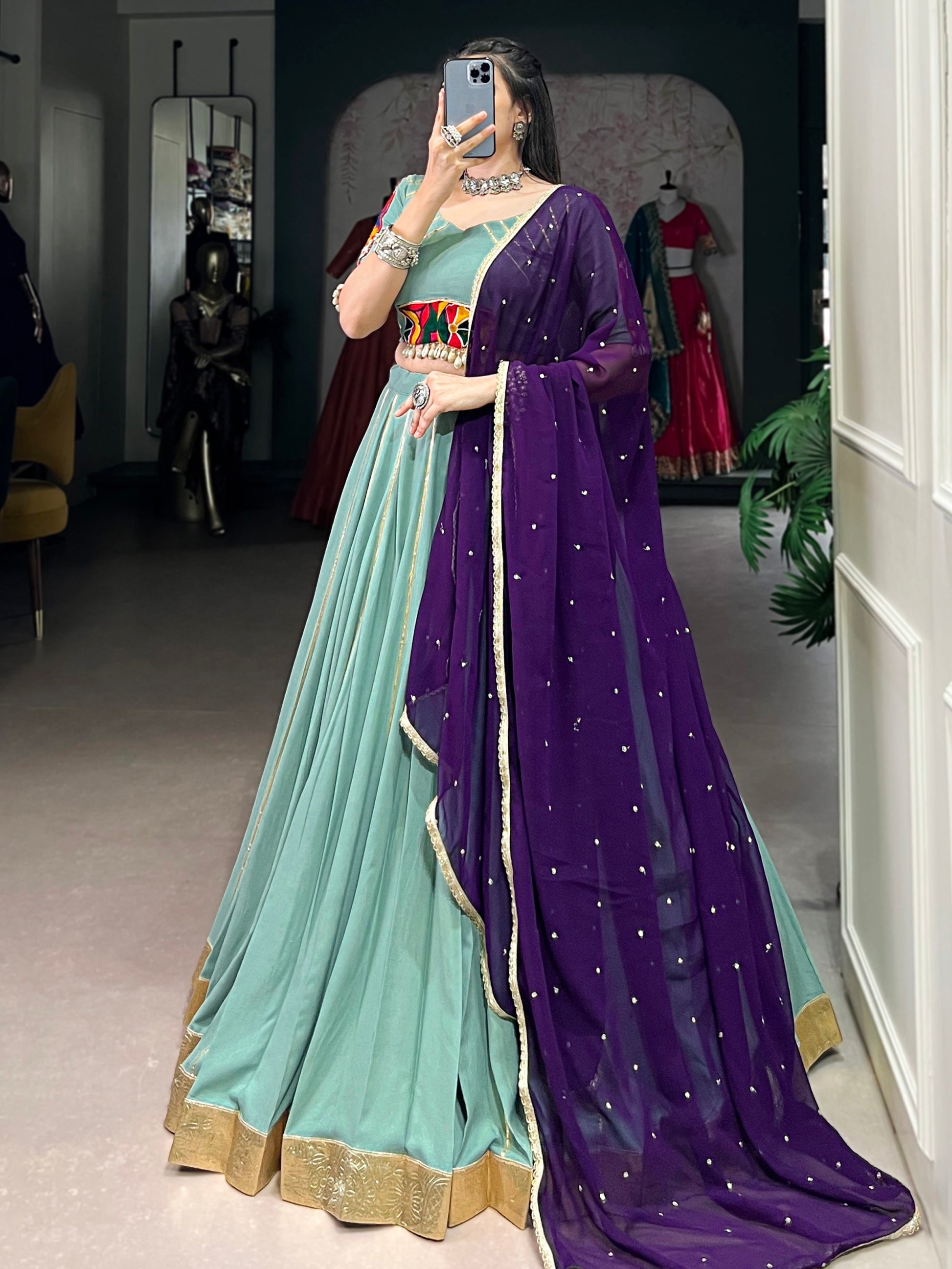 Graceful Sea Green Gamthi Work Rayon Navratri Special Lehenga Choli