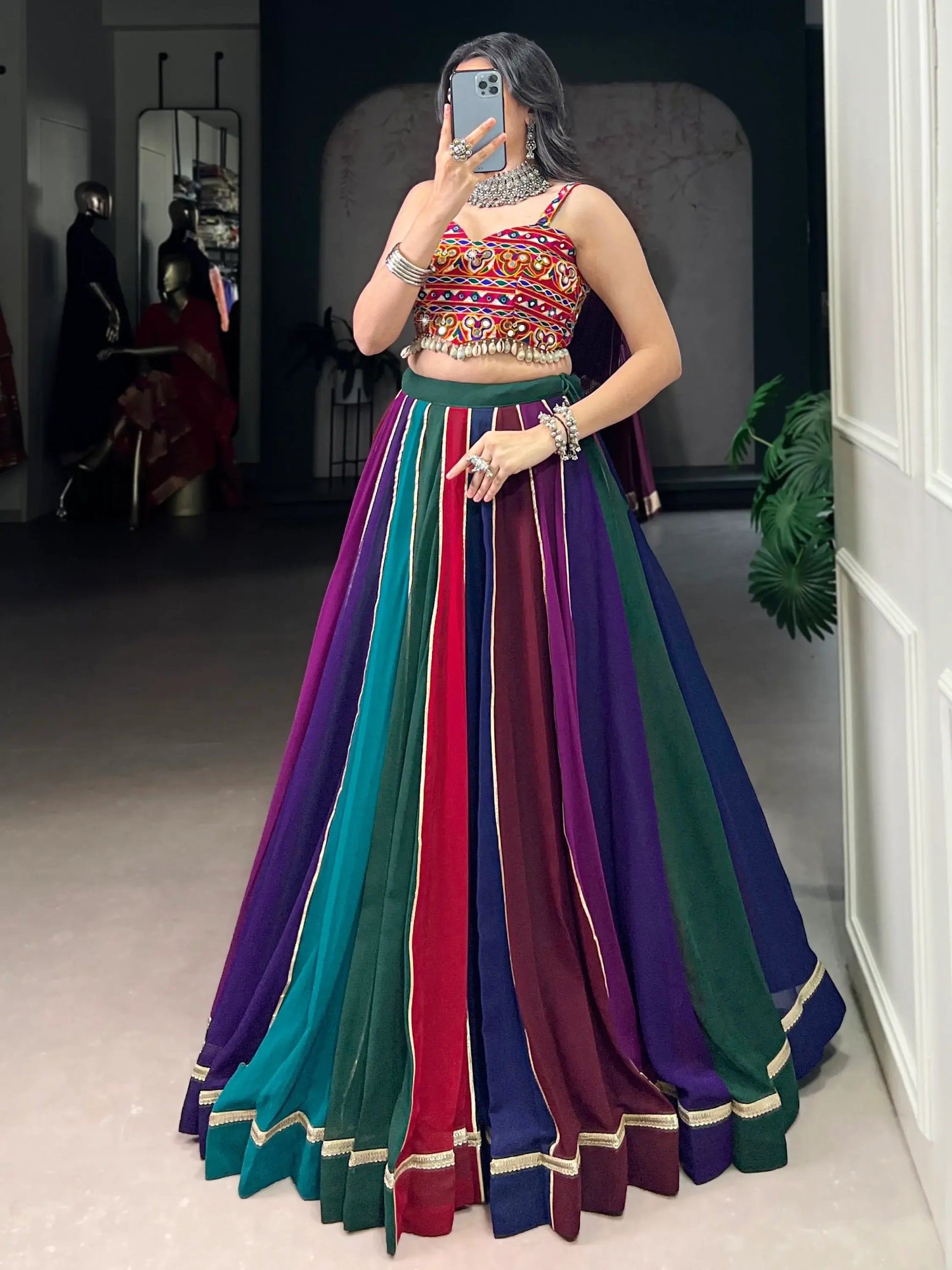 Engaging Multi-Color Lace Work Rayon Navratri Wear Lehenga Choli