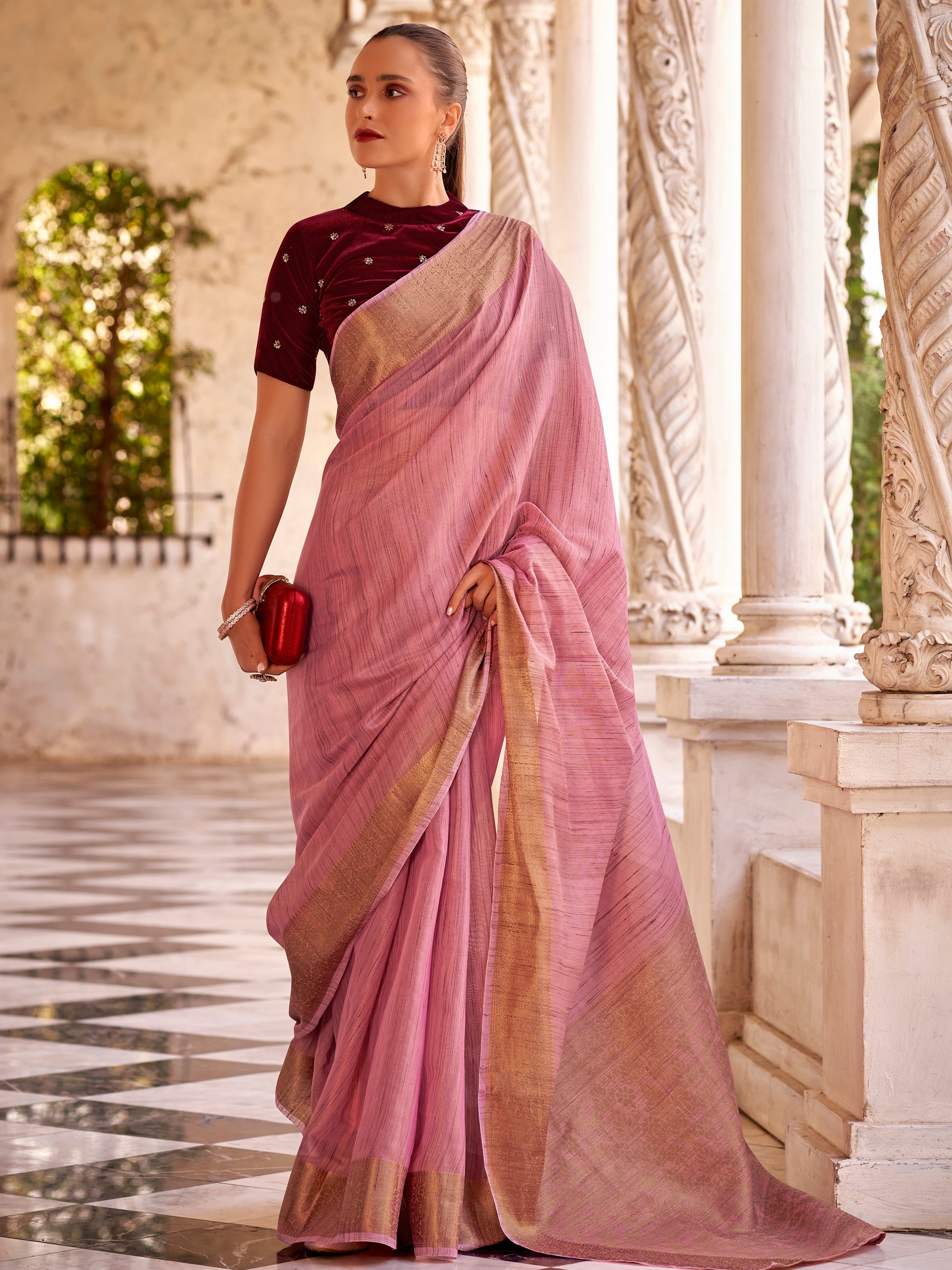 Beautiful Light Mauve Zari Weaving Tissue Silk Traditional Saree