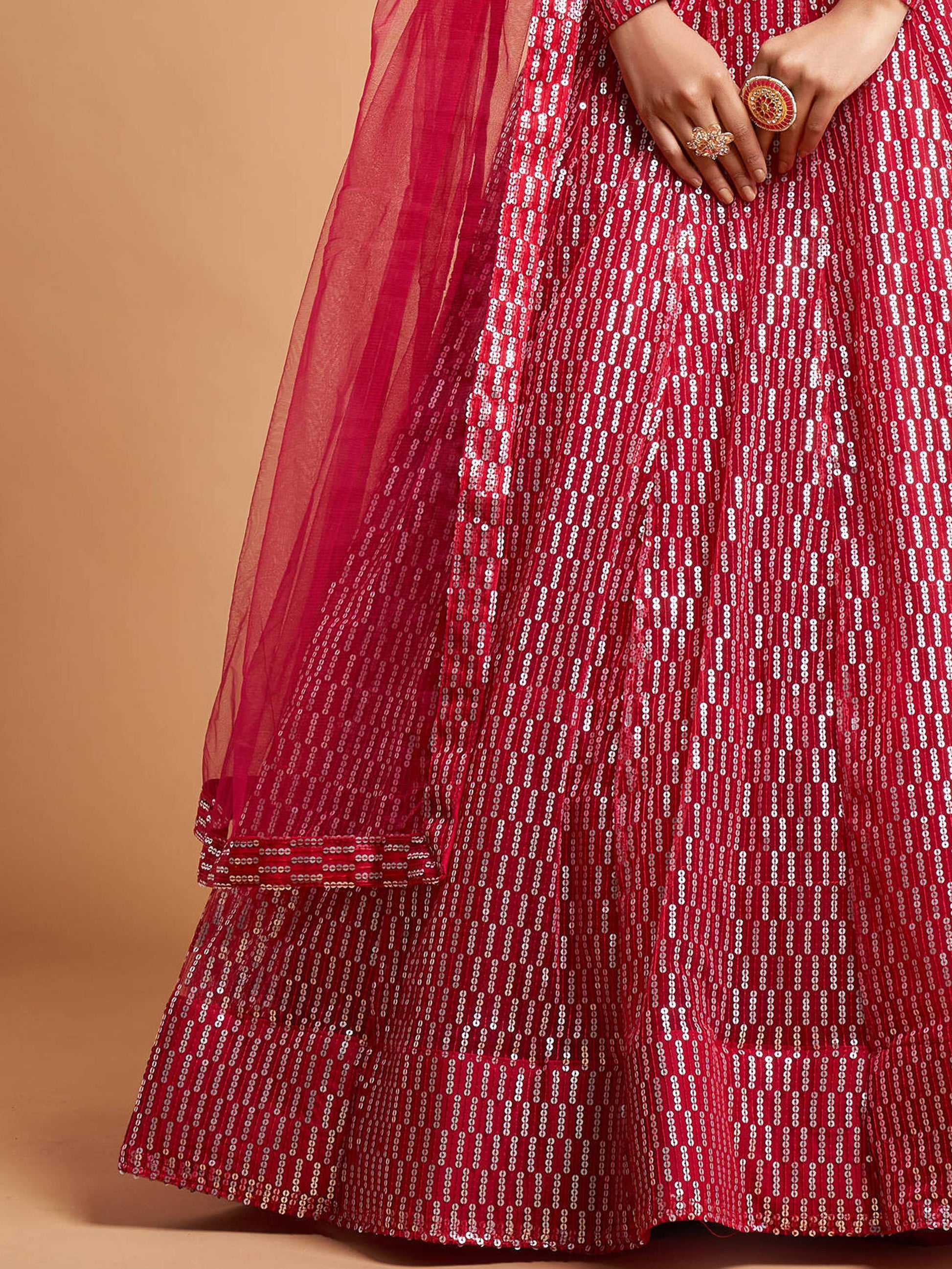 Superb Hot Pink Thread Embroidered Net Party Wear Lehenga Choli