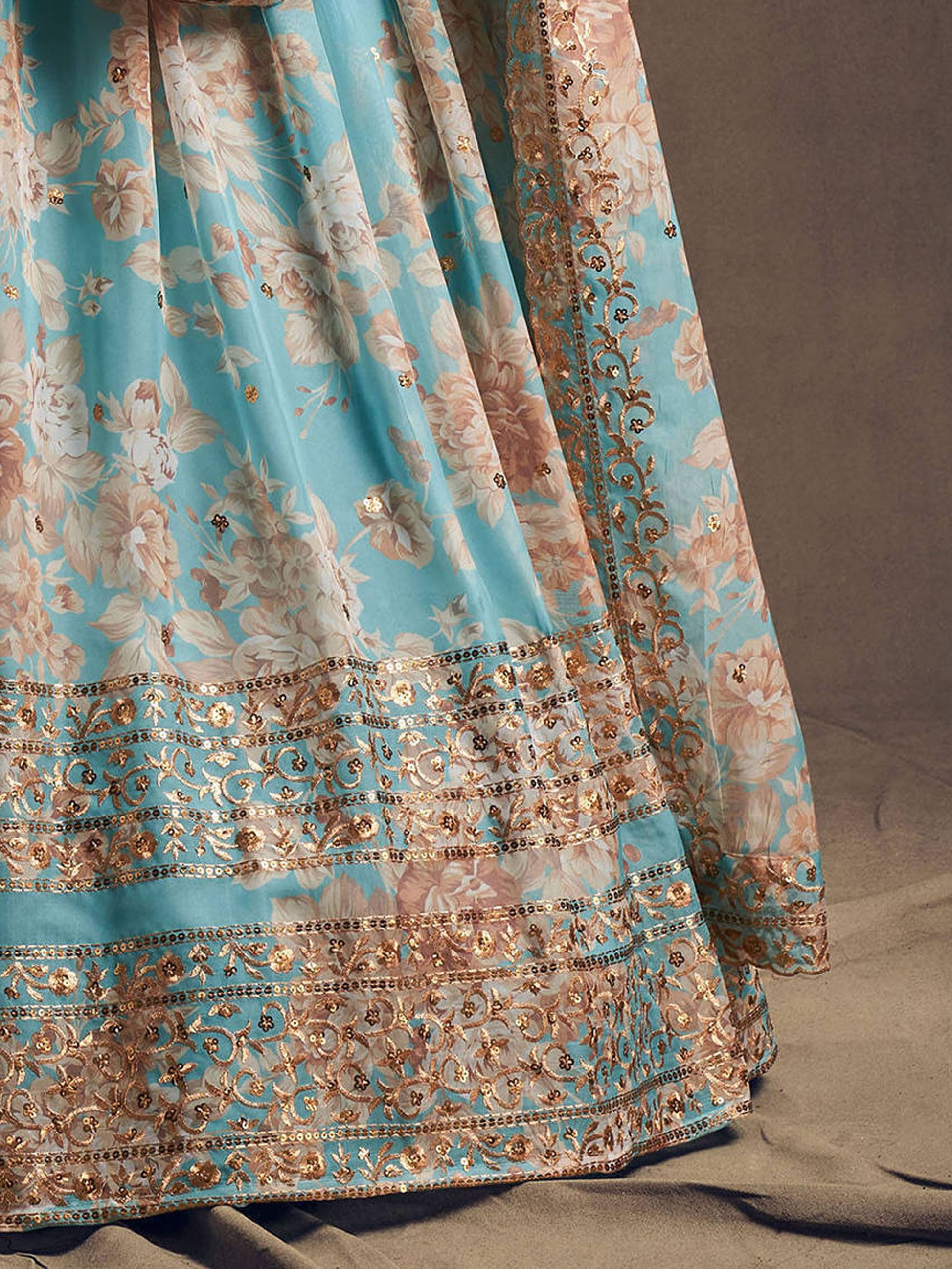 Sky Blue Floral Printed Organza Festival Lehenga Choli