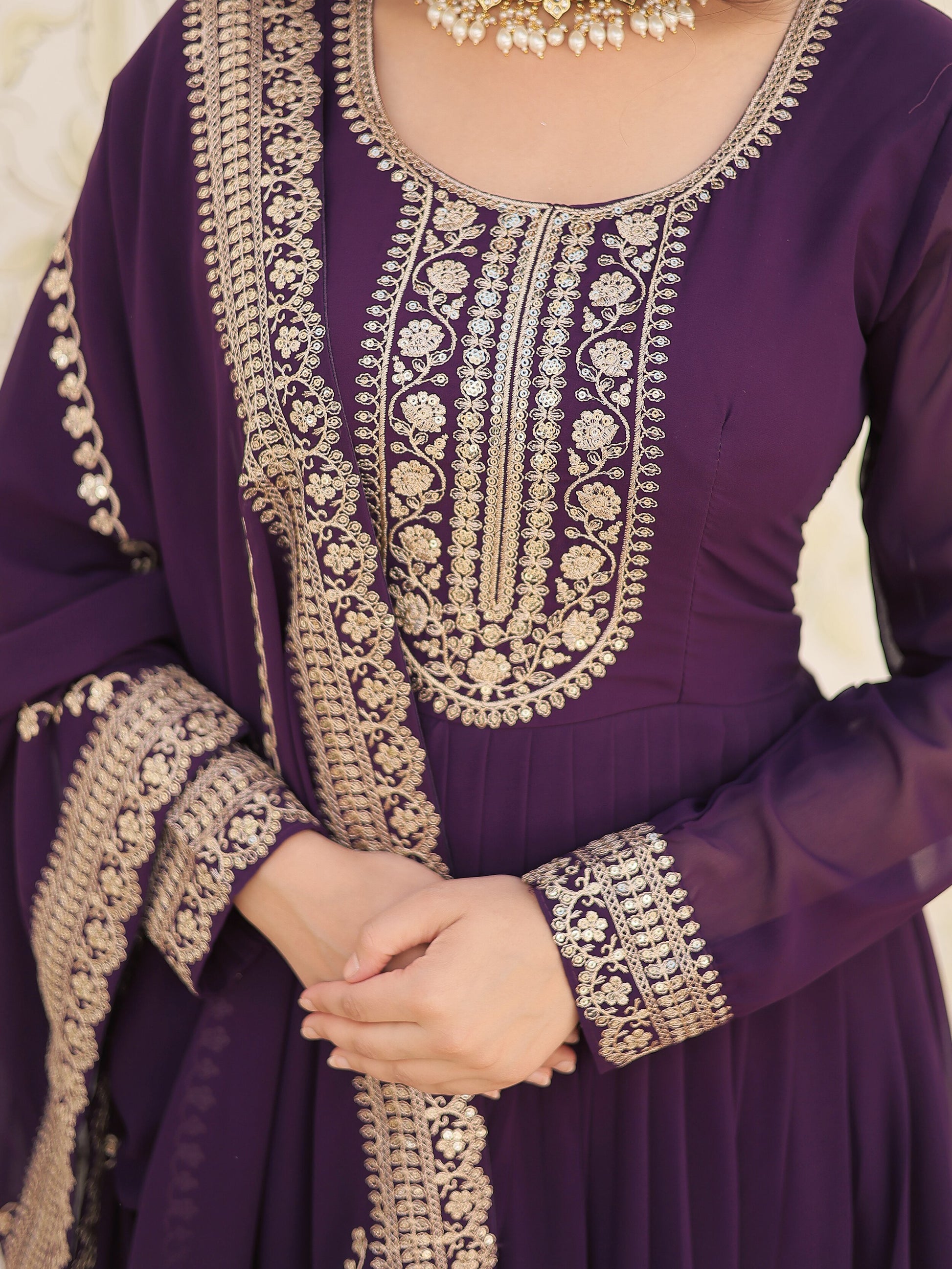 Attractive Wine Sequins Georgette Engagement Wear Gown With Dupatta