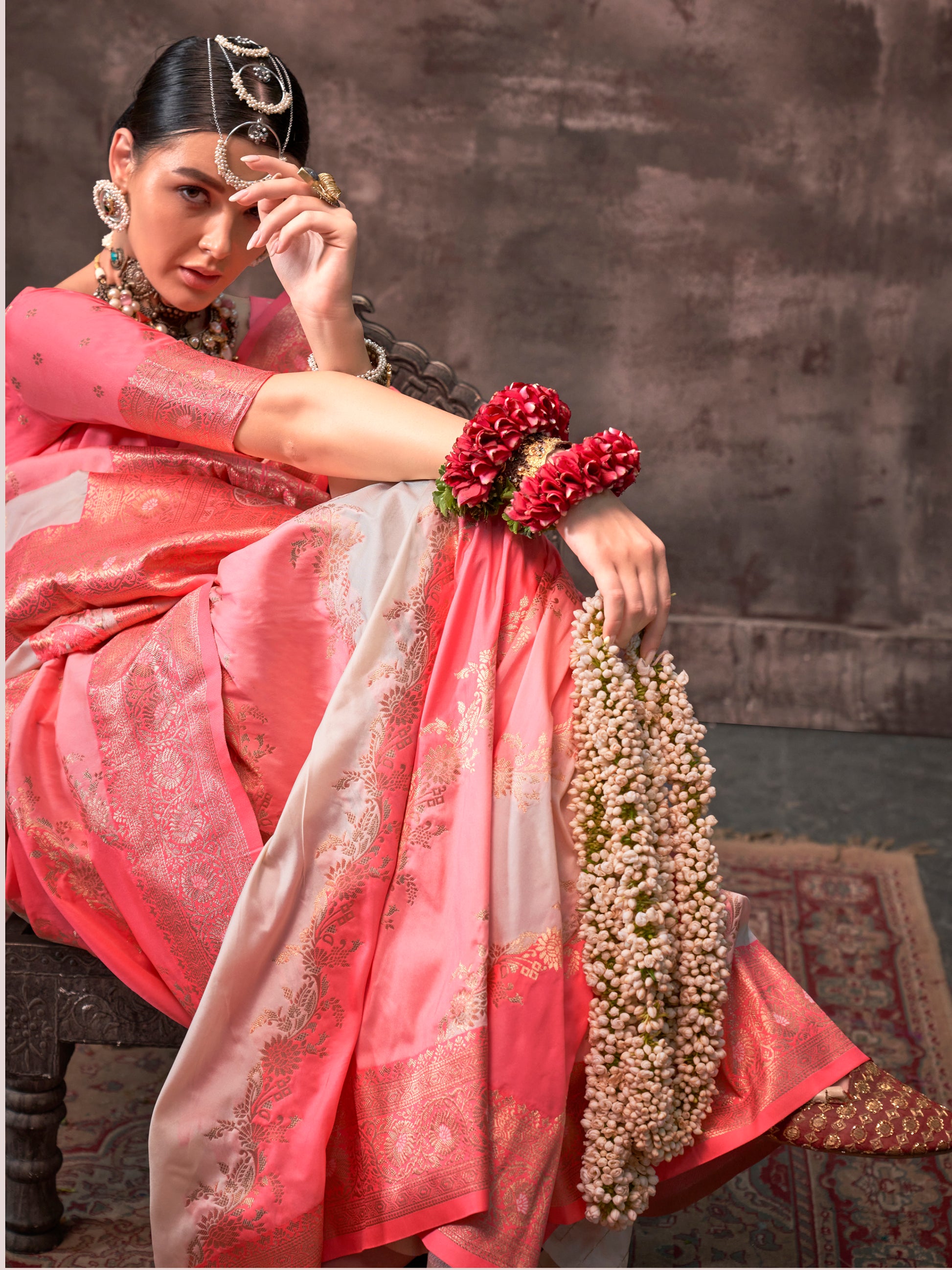 Incredible Peach & White Zari Weaving Silk Saree With Blouse