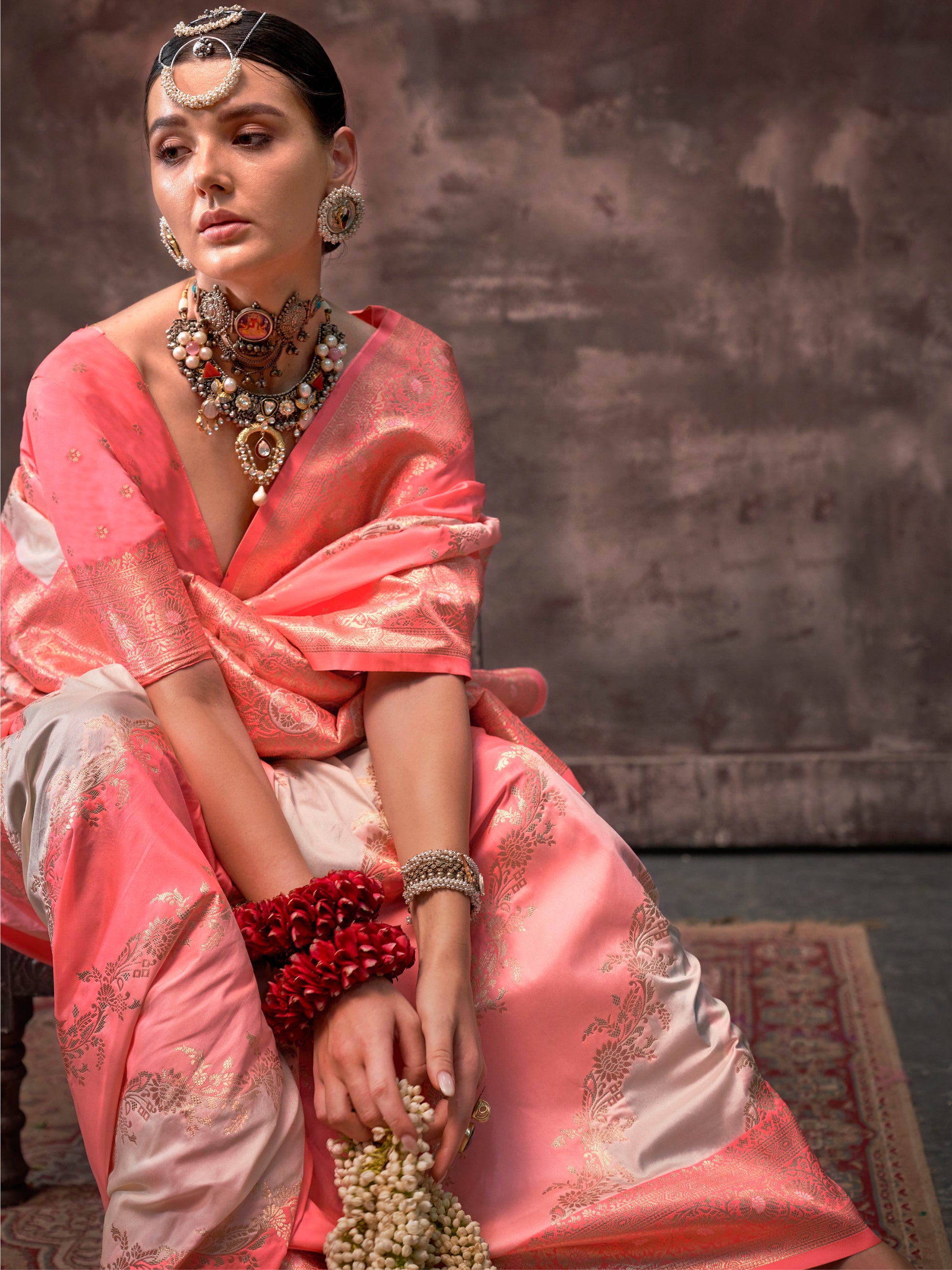 Incredible Peach & White Zari Weaving Silk Saree With Blouse