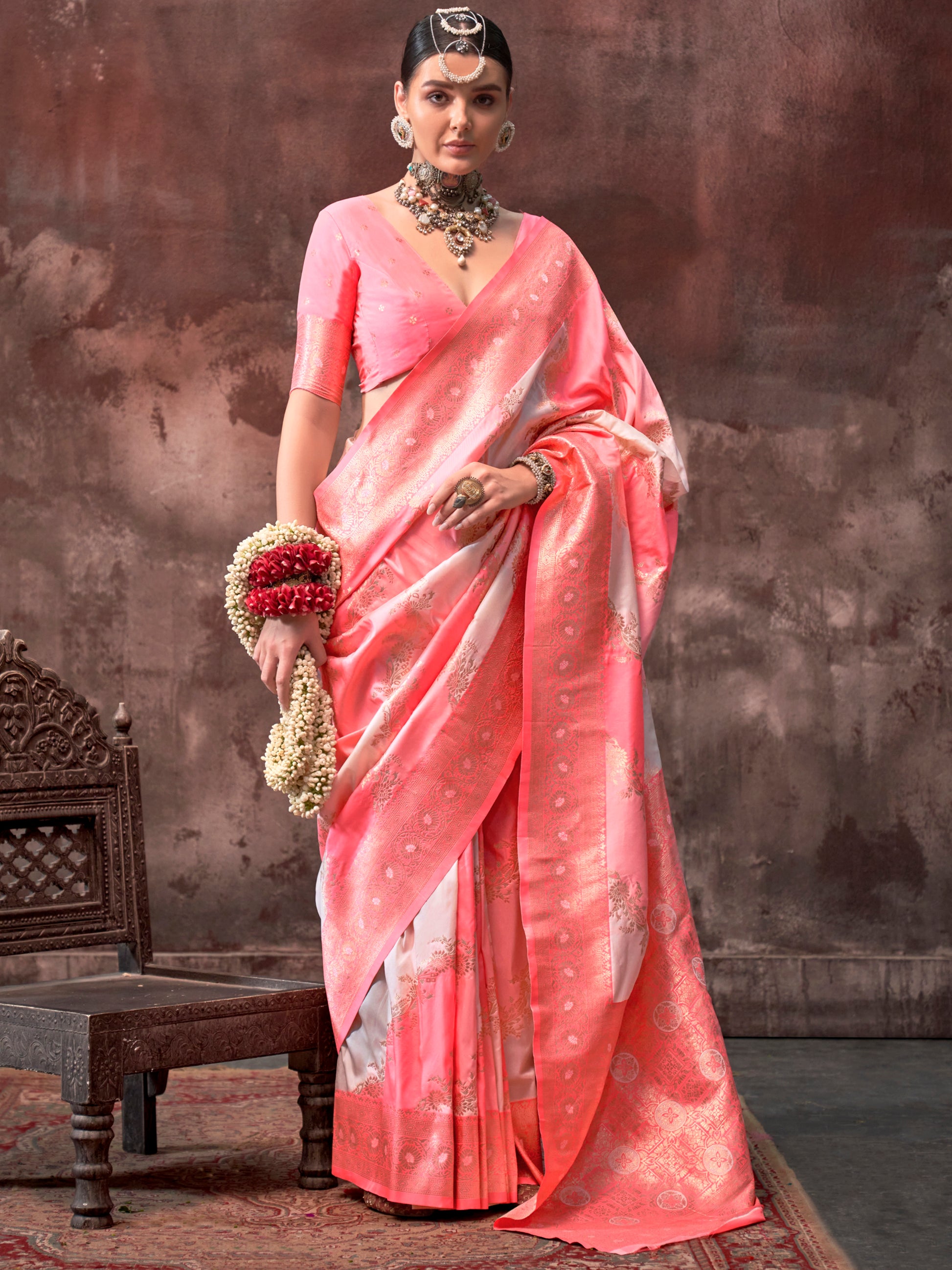Incredible Peach & White Zari Weaving Silk Saree With Blouse