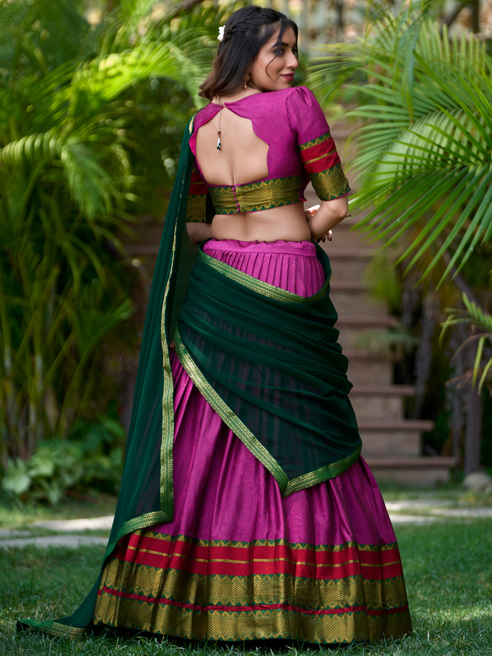 Adorable Purple Zari Weaving Cotton Festival Wear Half Saree Lehenga