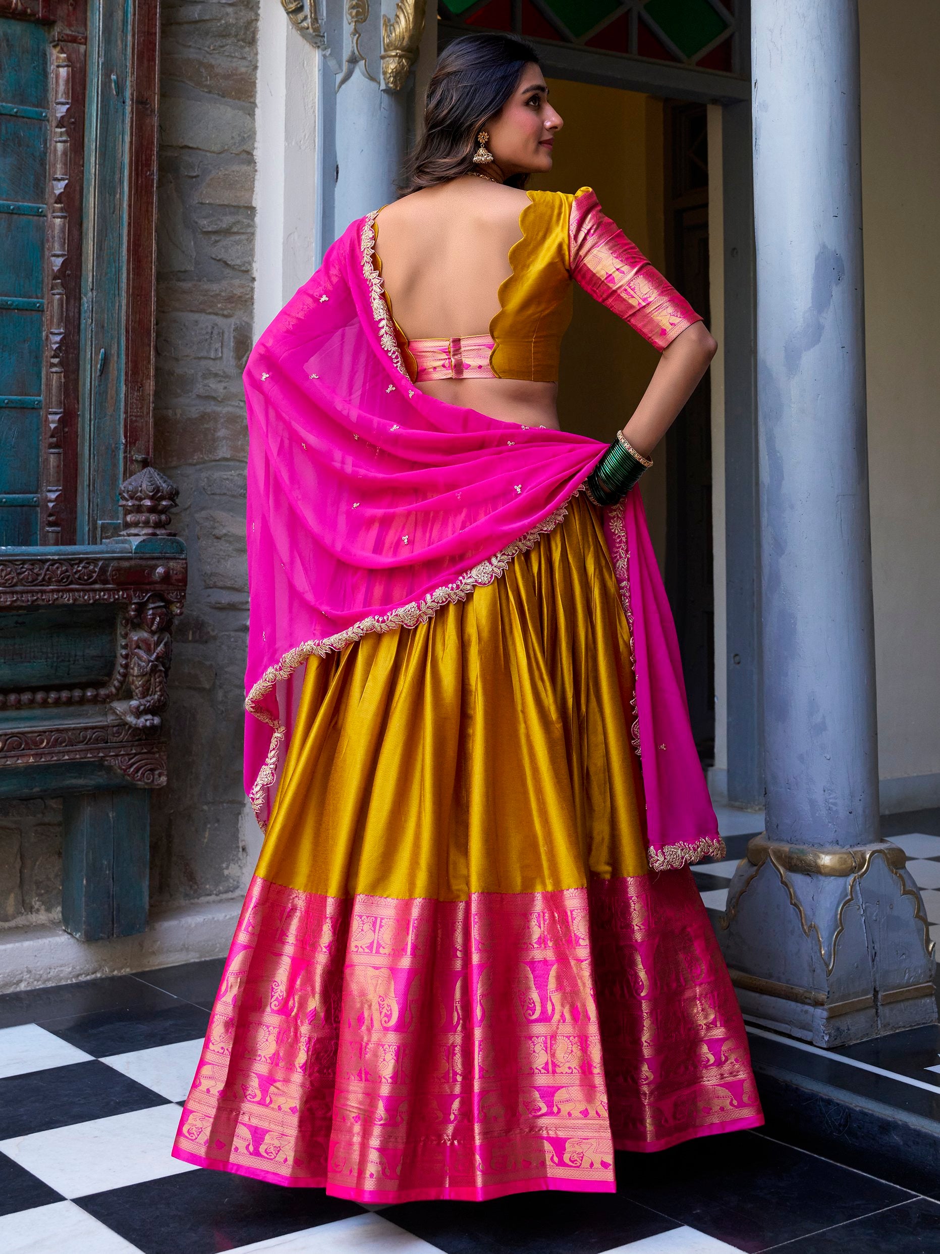 Lovely Mustard Yellow Zari Weaving Silk Festive Wear Half Saree Lehenga