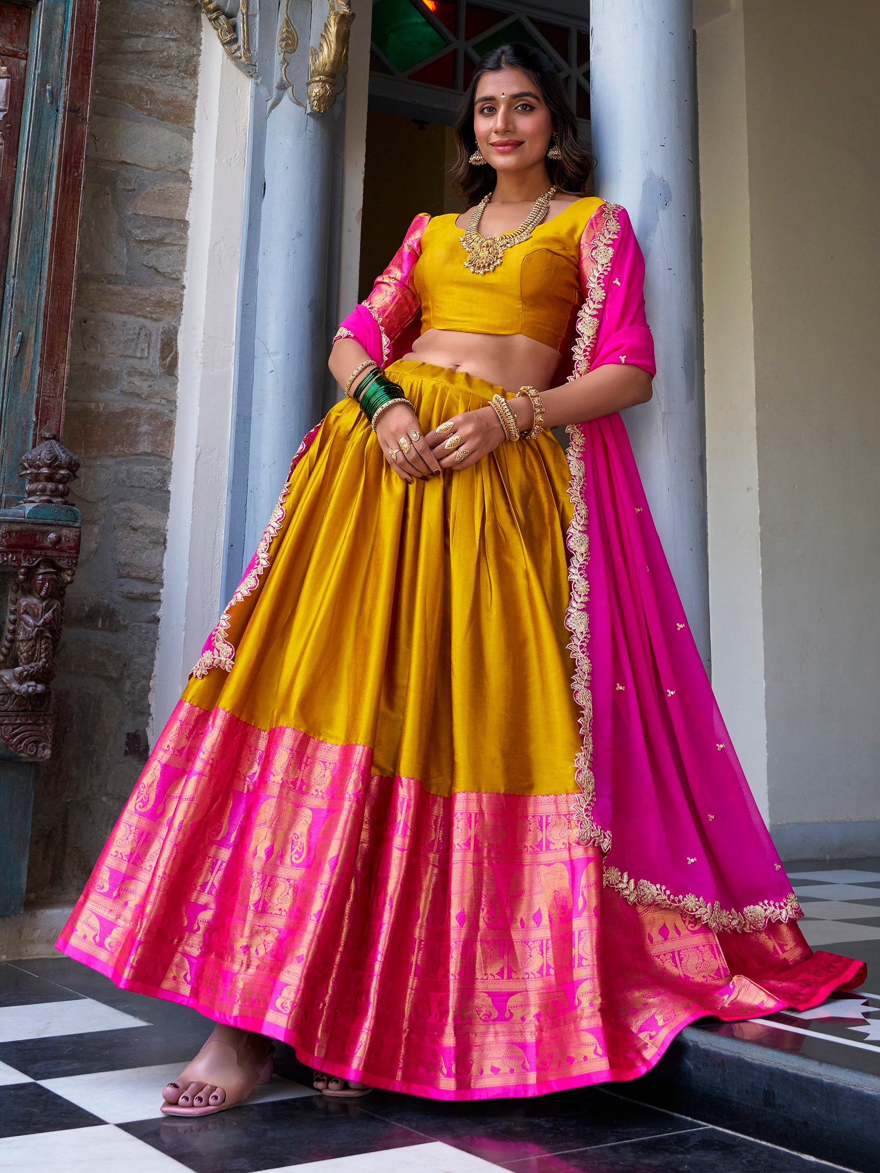 Lovely Mustard Yellow Zari Weaving Silk Festive Wear Half Saree Lehenga