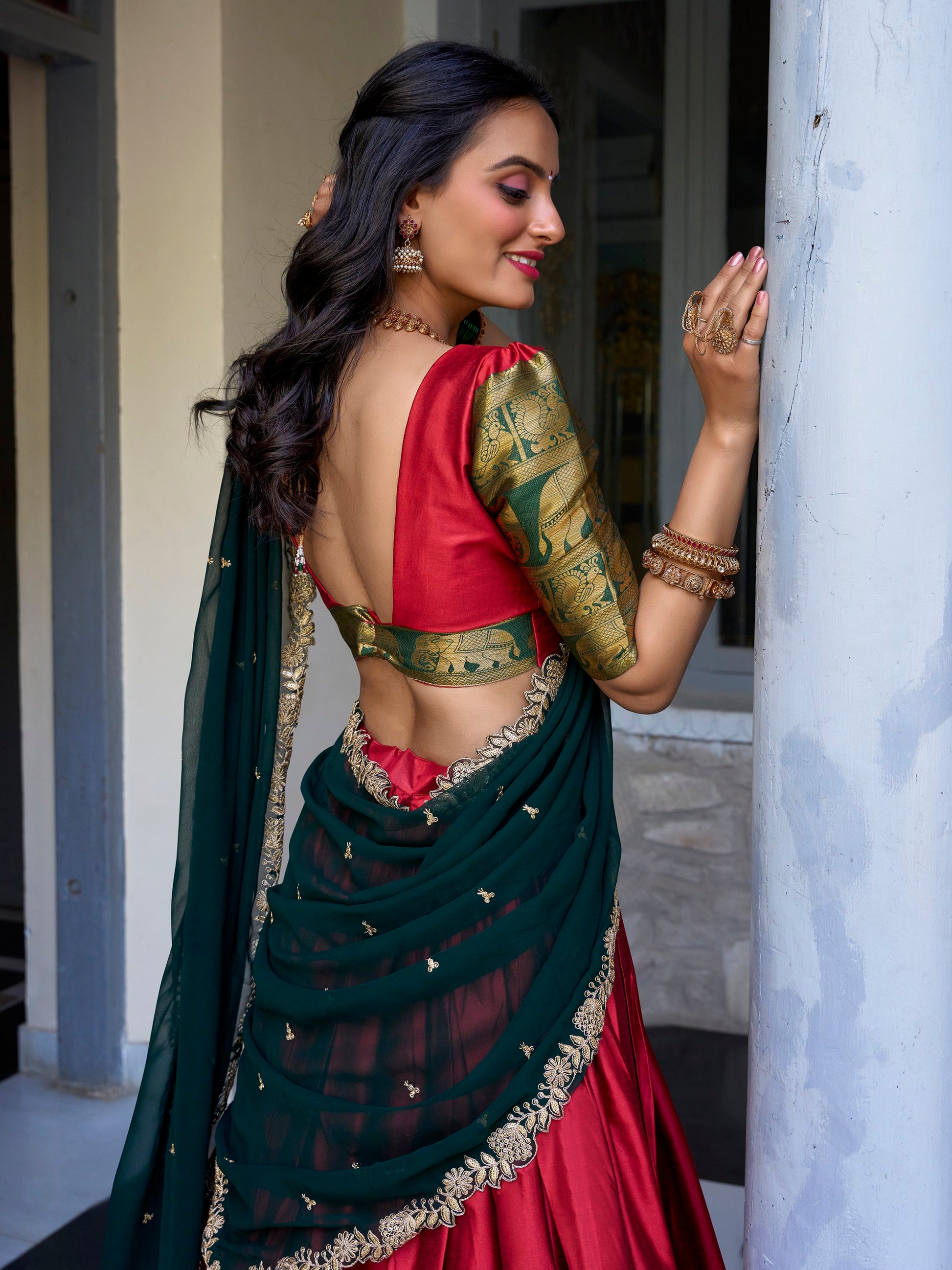 Glamorous Red Zari Weaving Silk Onam Special Half Saree Lehenga