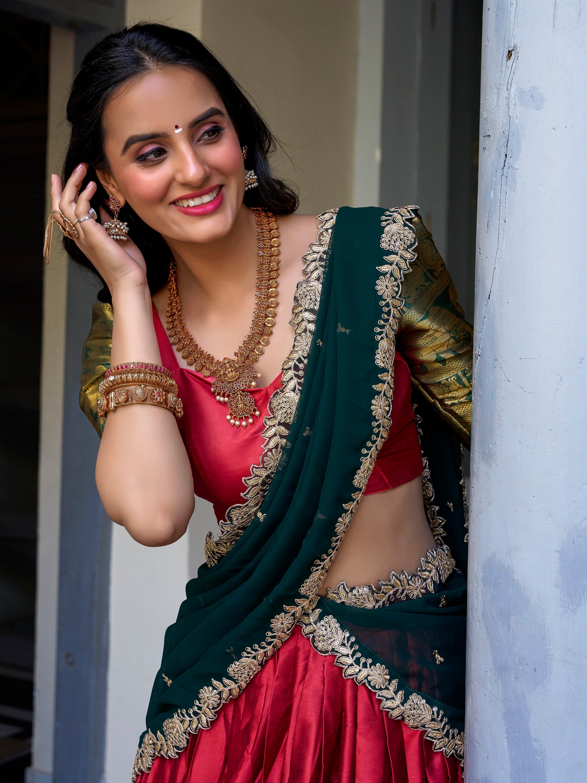 Glamorous Red Zari Weaving Silk Onam Special Half Saree Lehenga