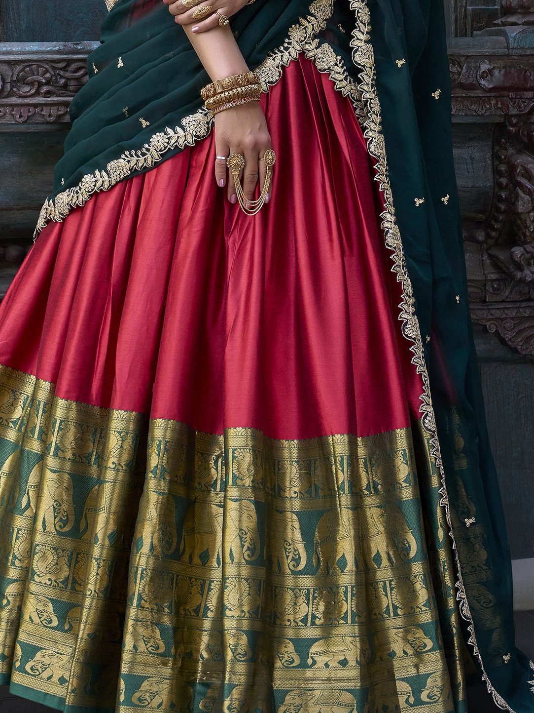 Glamorous Red Zari Weaving Silk Onam Special Half Saree Lehenga