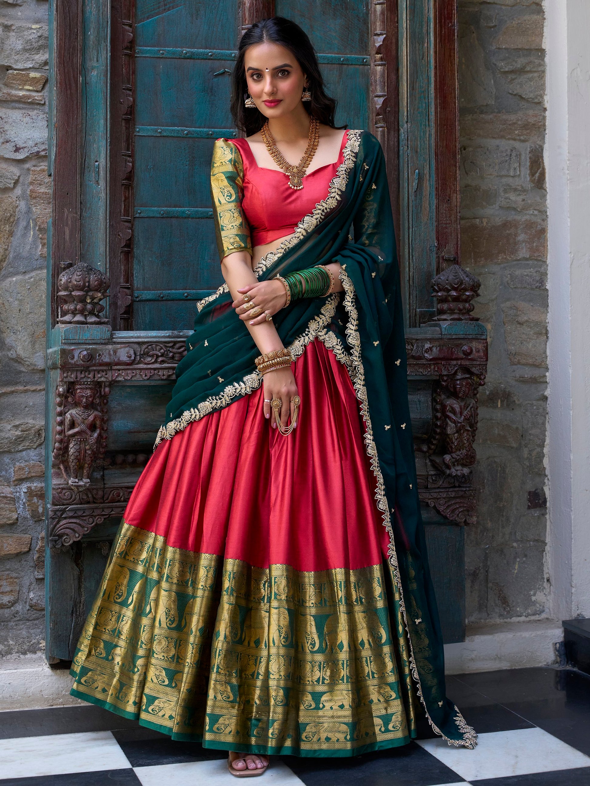Glamorous Red Zari Weaving Silk Onam Special Half Saree Lehenga