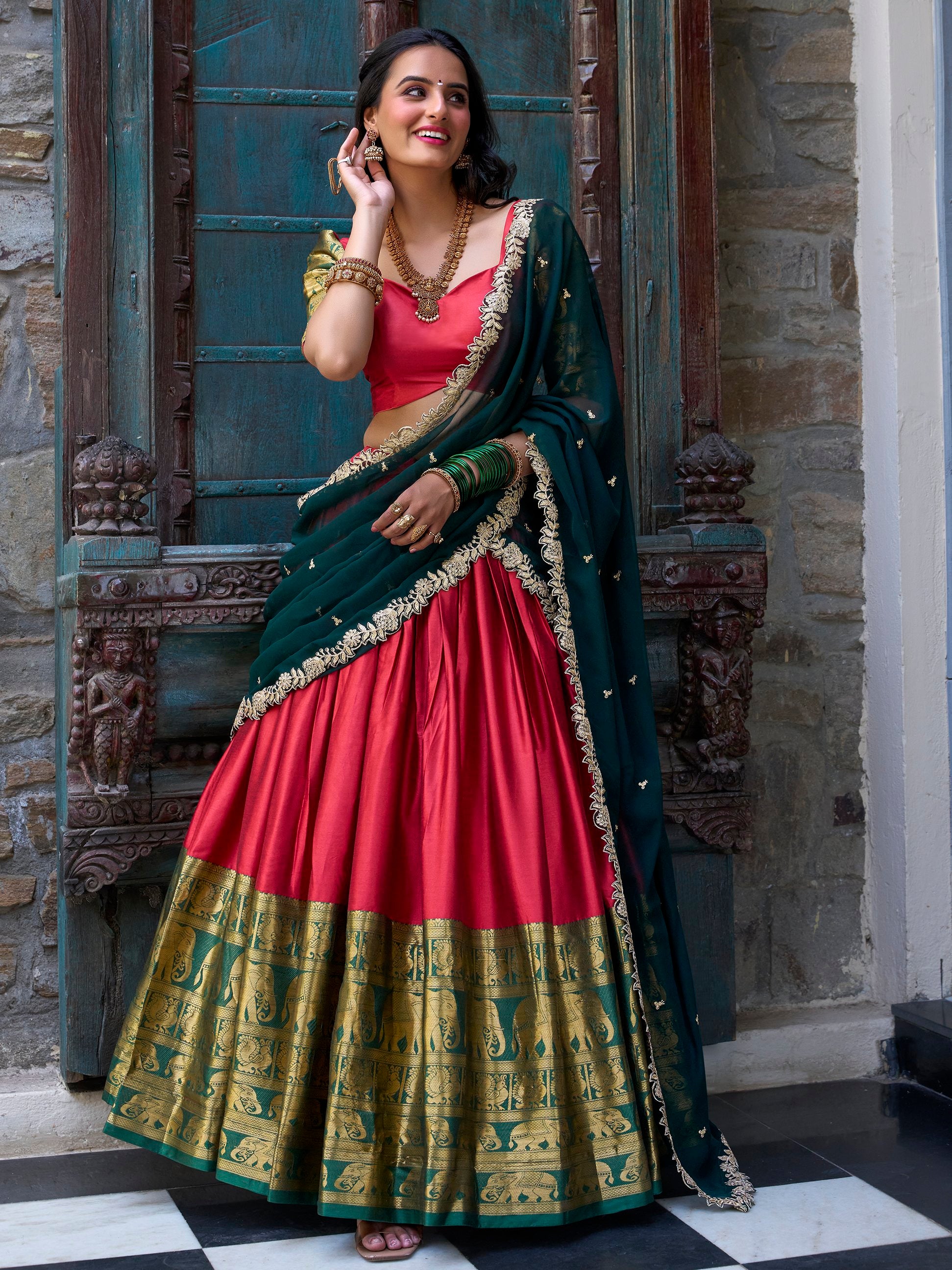Glamorous Red Zari Weaving Silk Onam Special Half Saree Lehenga