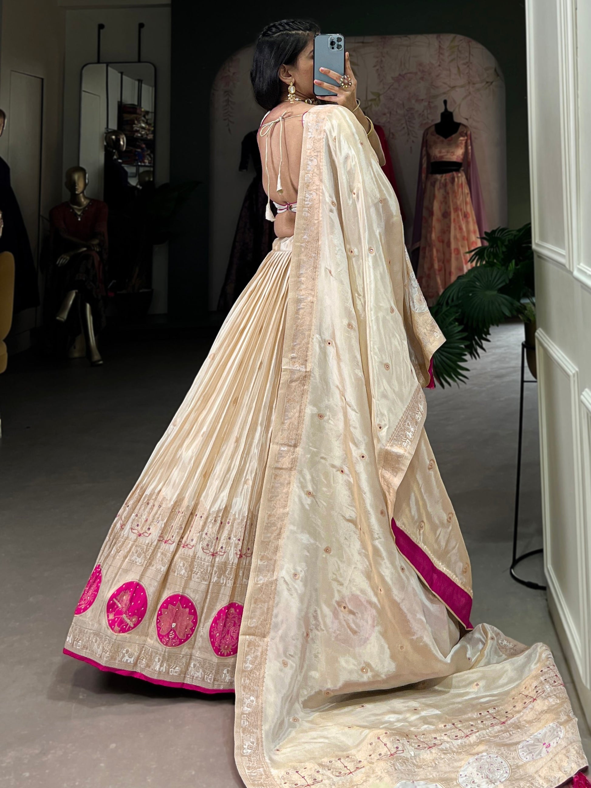 Stunning Off-White Mirror Work Silk Festive Wear Lehenga Choli