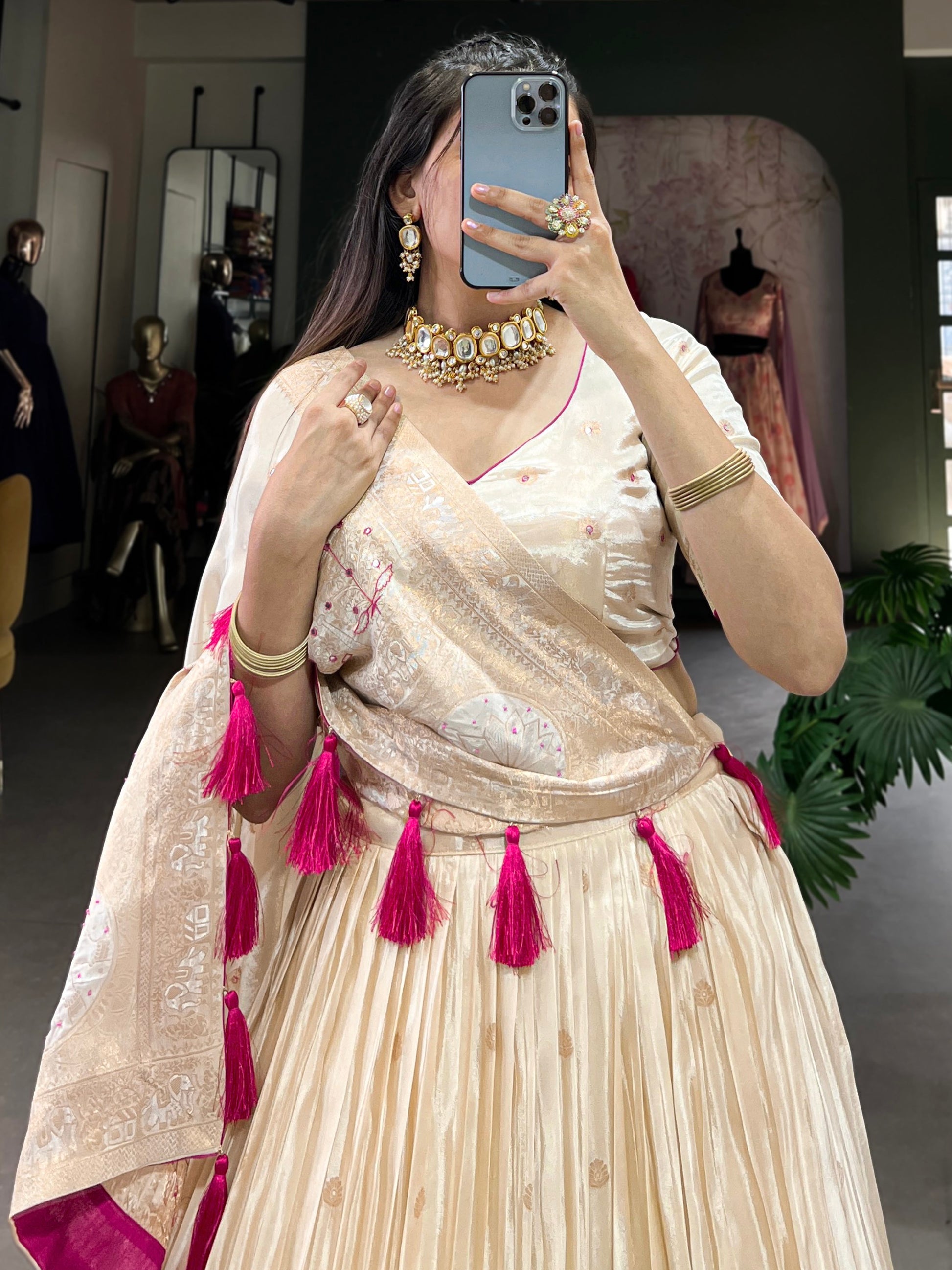 Stunning Off-White Mirror Work Silk Festive Wear Lehenga Choli