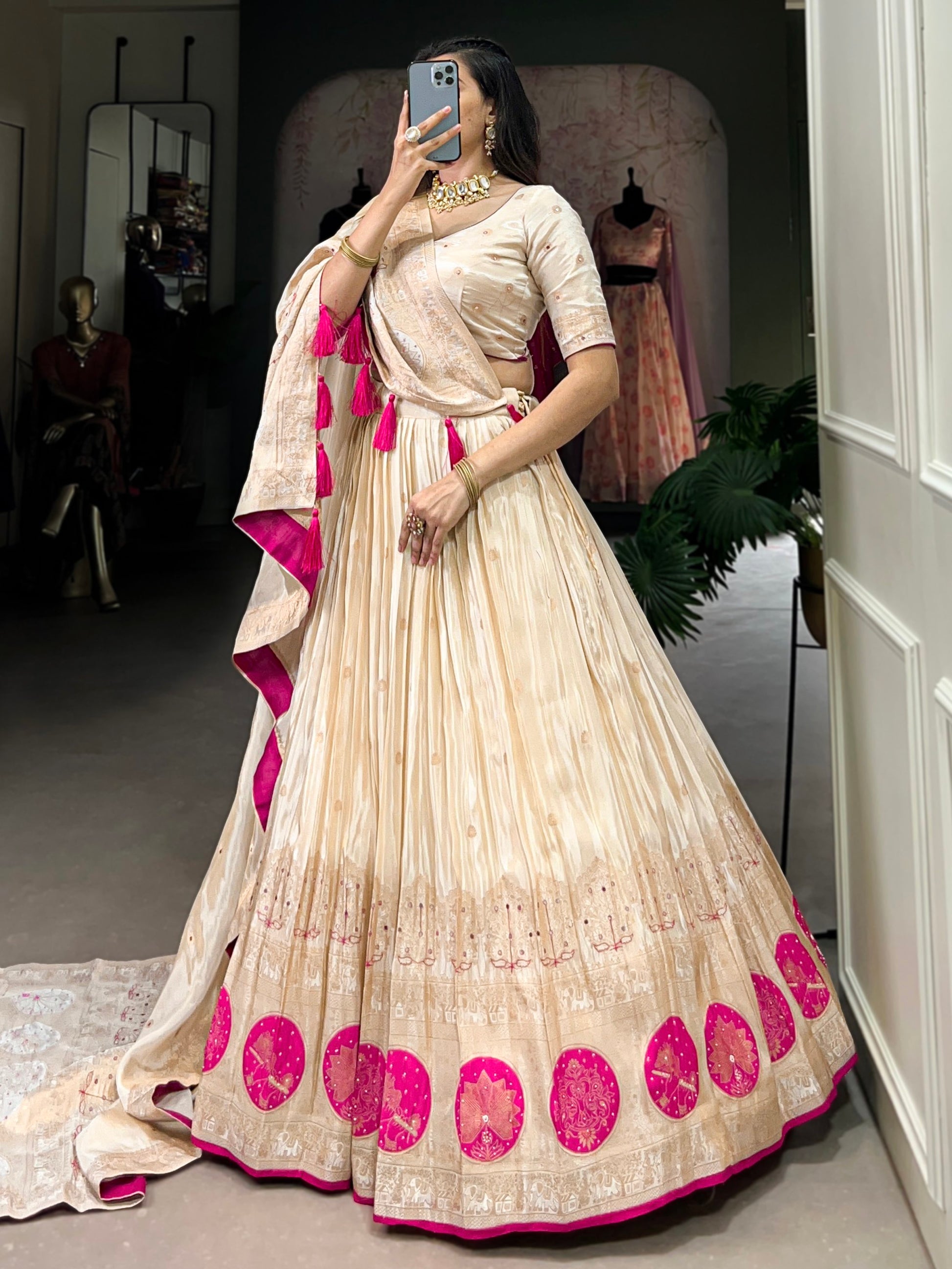 Stunning Off-White Mirror Work Silk Festive Wear Lehenga Choli