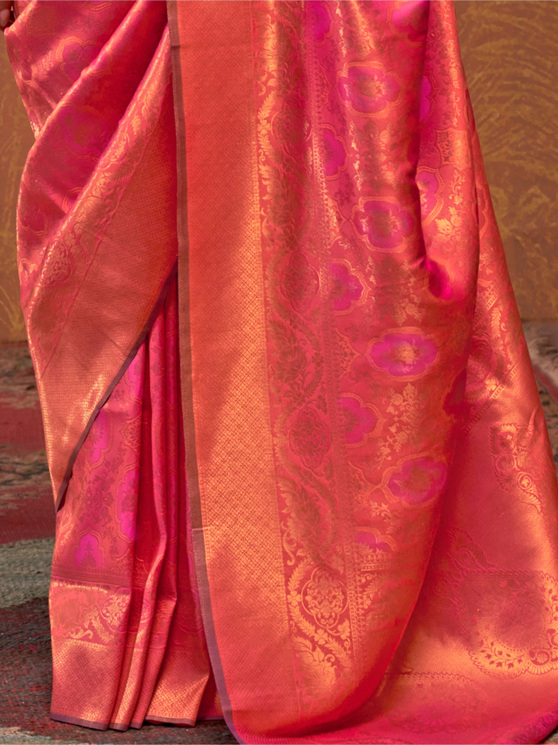 Attractive Pink Zari Weaving Silk Traditional Saree With Blouse