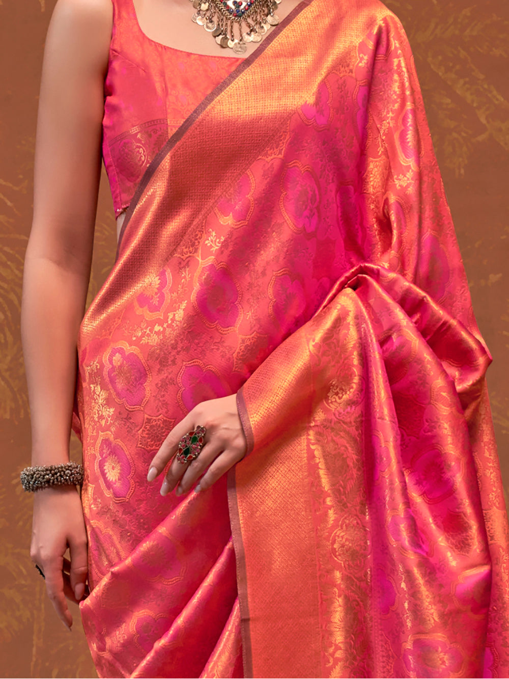 Attractive Pink Zari Weaving Silk Traditional Saree With Blouse