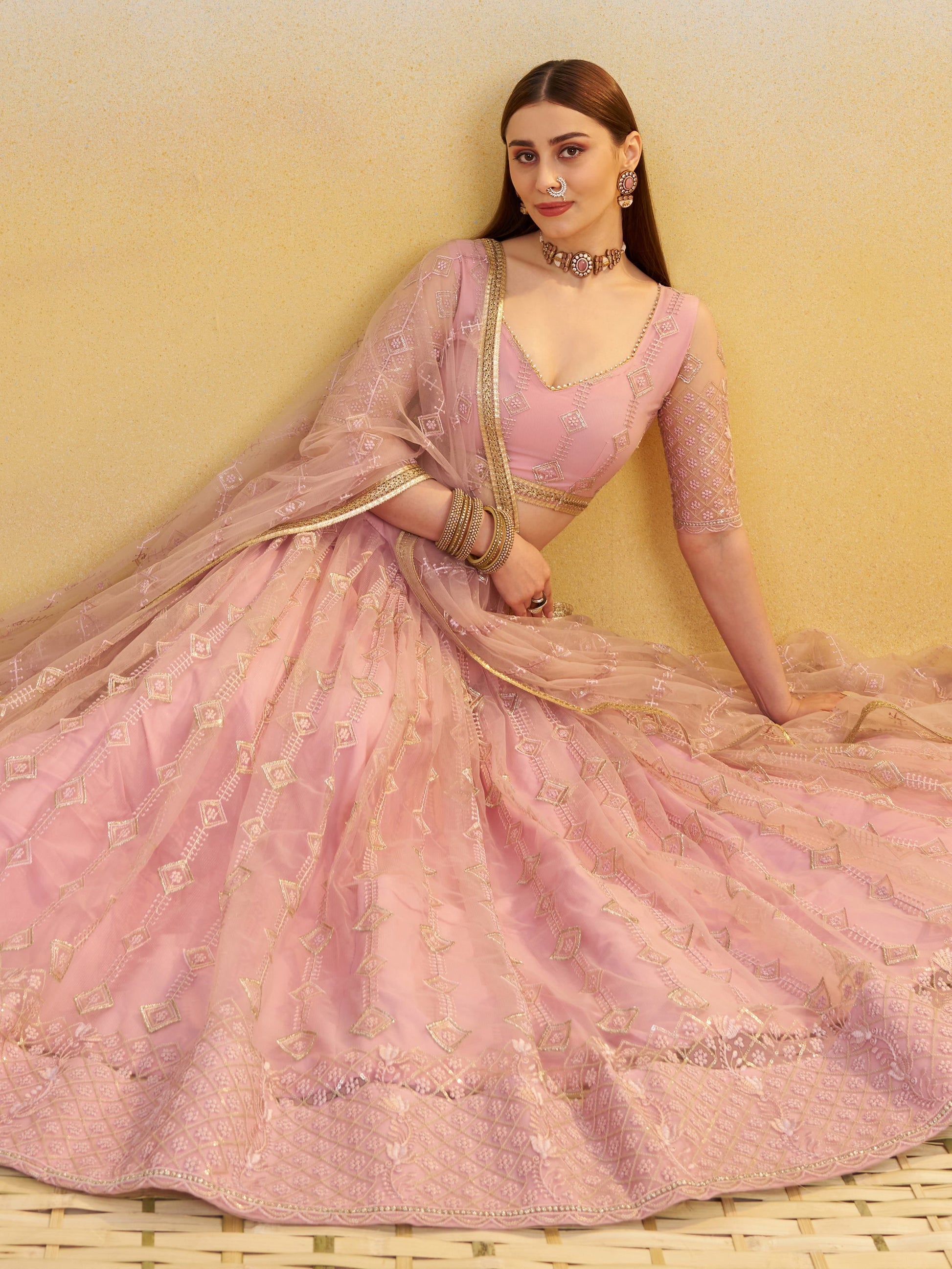 Sweet Baby Pink Thread Embroidery Net Bridesmaid Lehenga Choli With Dupatta