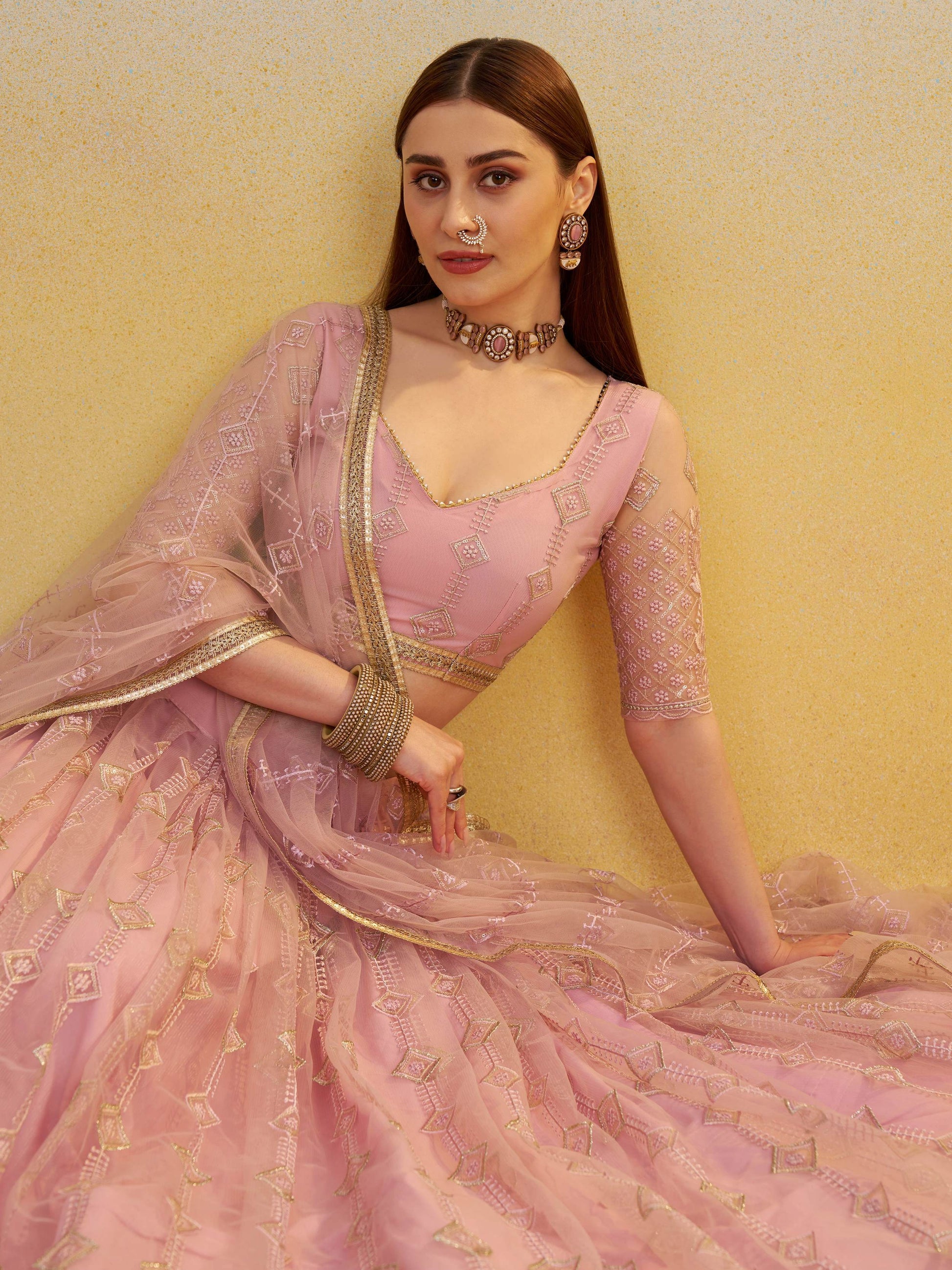 Sweet Baby Pink Thread Embroidery Net Bridesmaid Lehenga Choli With Dupatta
