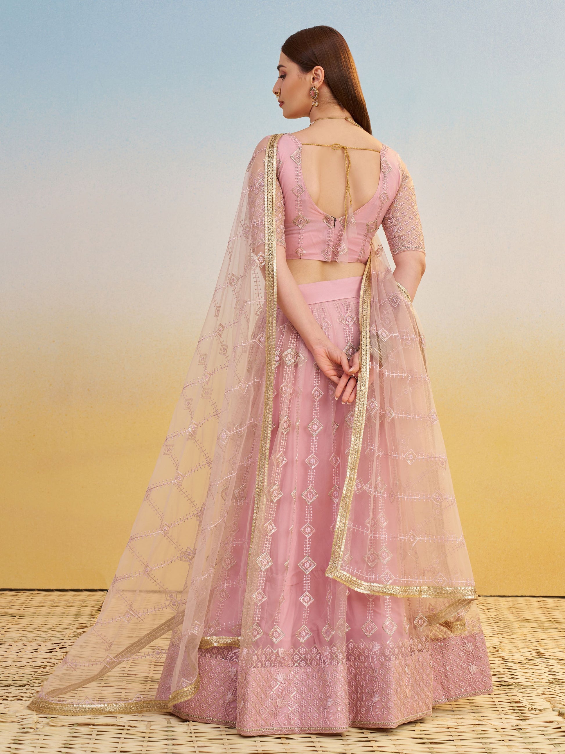 Sweet Baby Pink Thread Embroidery Net Bridesmaid Lehenga Choli With Dupatta