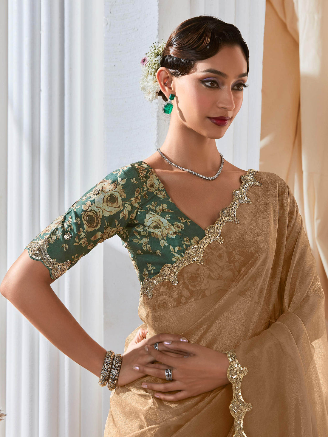 Astonishing Beige Border Work Organza Designer Saree With Blouse