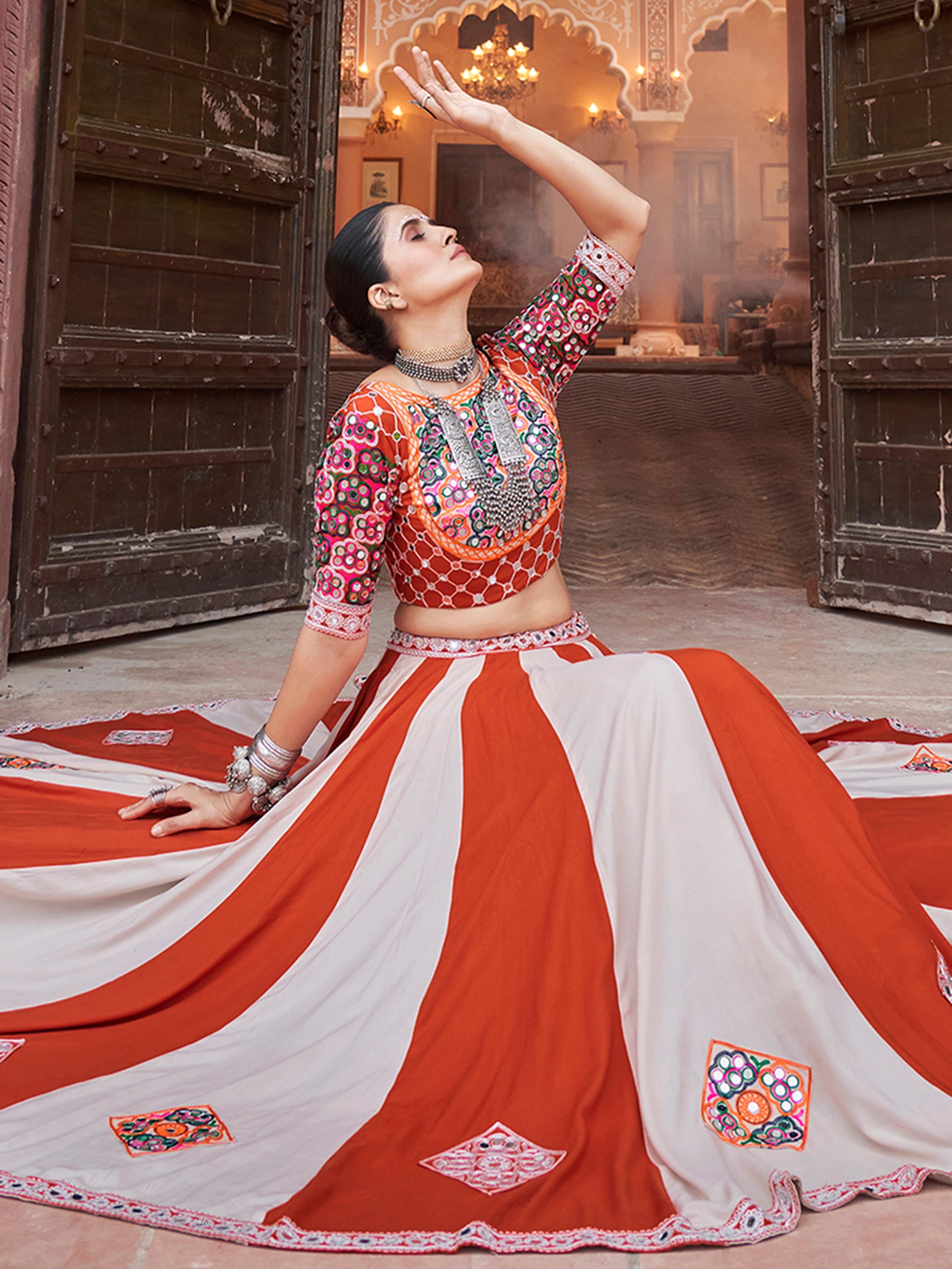 Delightful Multi-Color Mirror Work Rayon Navratri Lehenga Choli