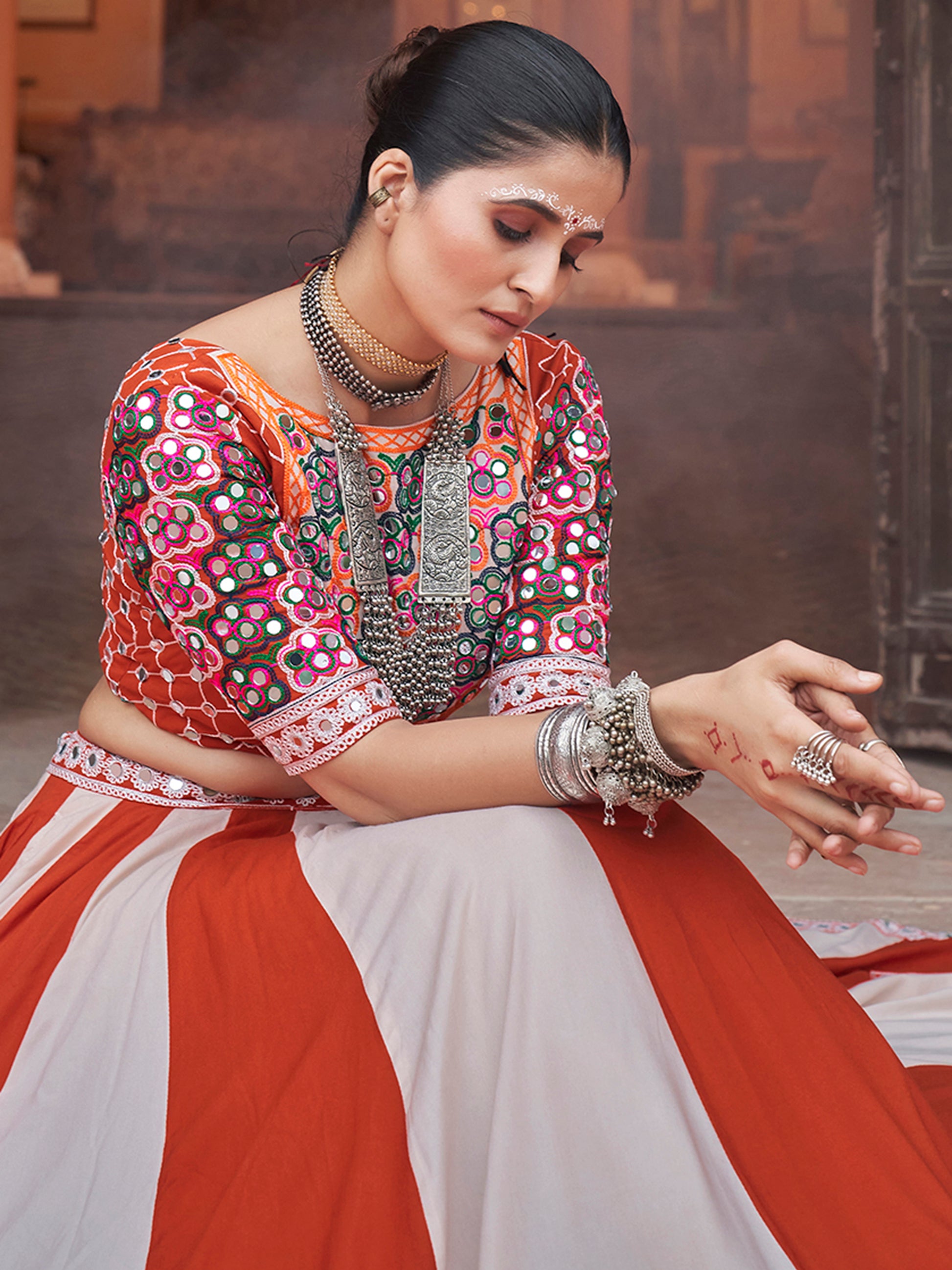 Delightful Multi-Color Mirror Work Rayon Navratri Lehenga Choli