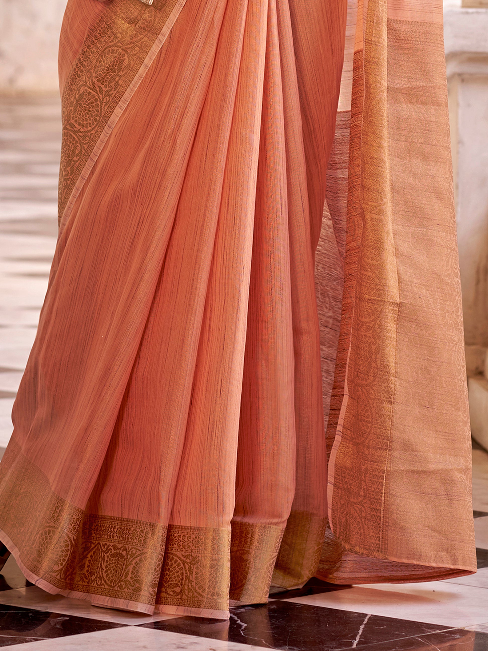 Marvelous Peach Zari Weaving Tissue Silk Casual Wear Saree With Blouse