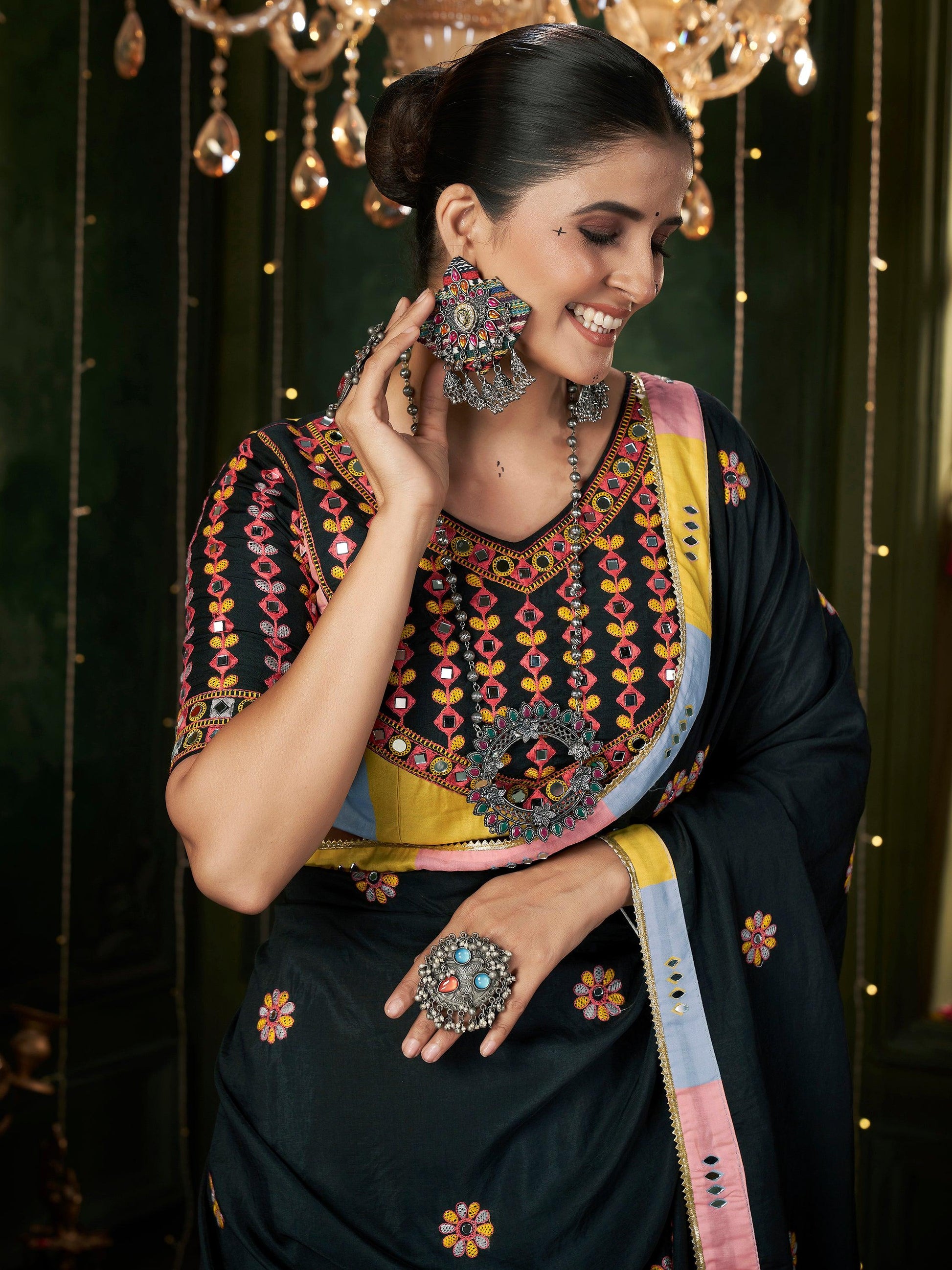 Incredible Multi-Color Mirror Work Cotton Navratri Lehenga Choli With Dupatta