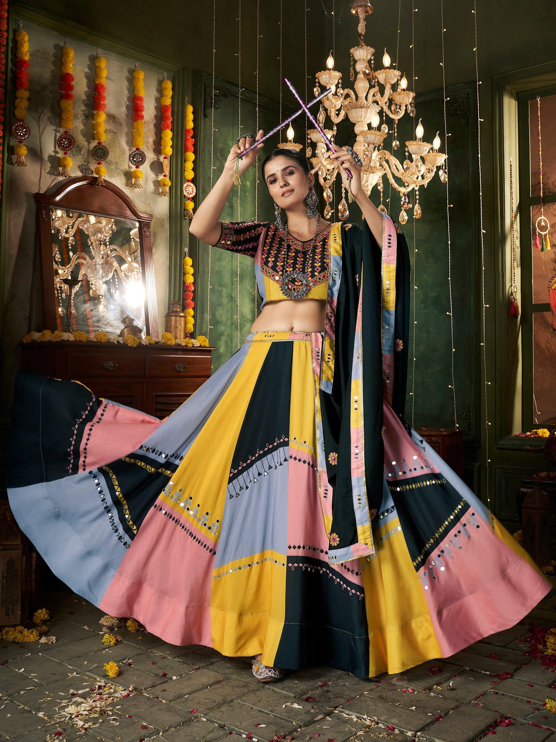 Incredible Multi-Color Mirror Work Cotton Navratri Lehenga Choli With Dupatta