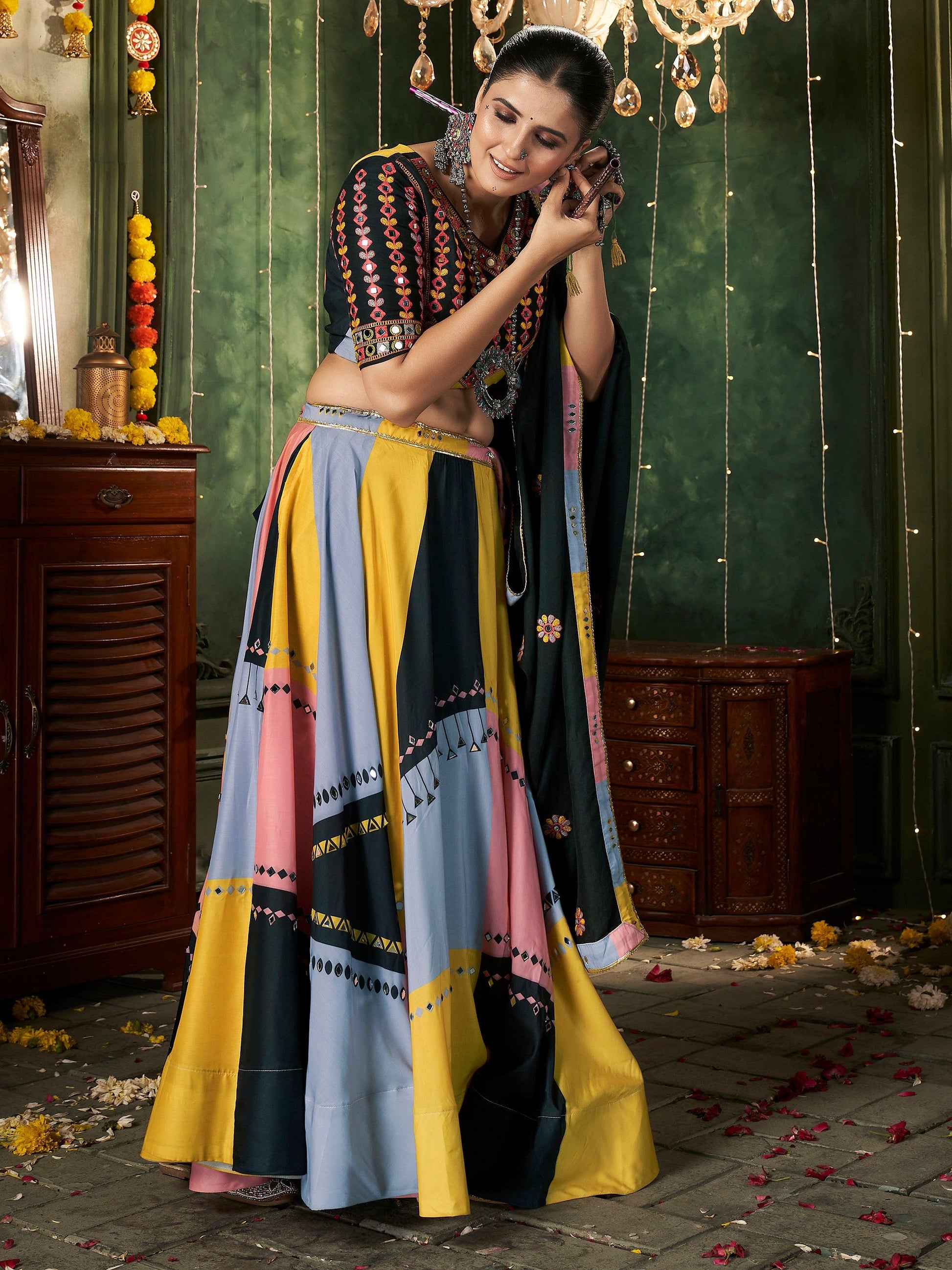 Incredible Multi-Color Mirror Work Cotton Navratri Lehenga Choli With Dupatta