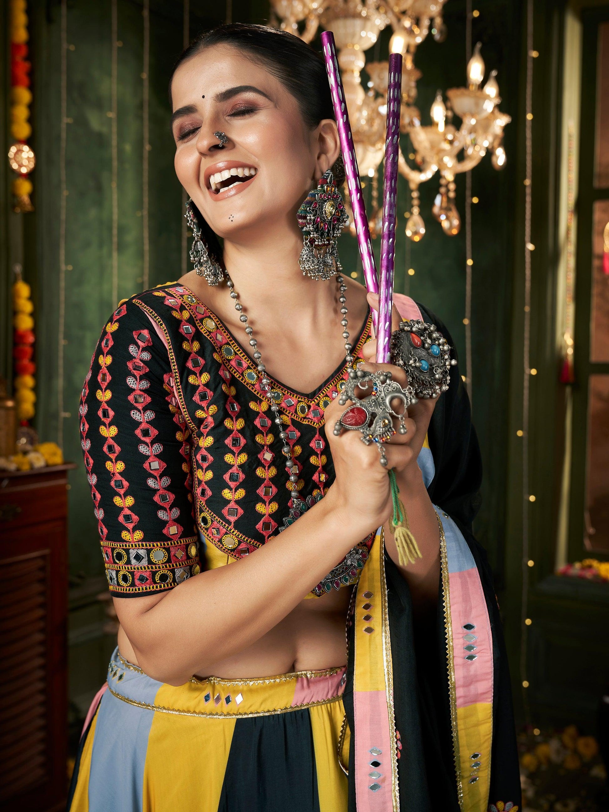 Incredible Multi-Color Mirror Work Cotton Navratri Lehenga Choli With Dupatta