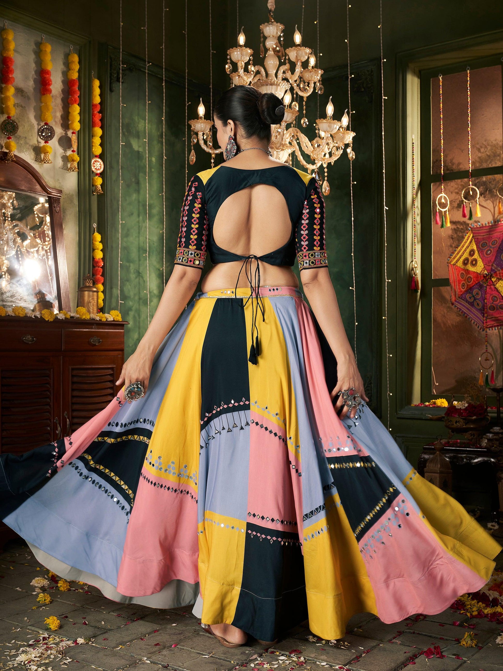 Incredible Multi-Color Mirror Work Cotton Navratri Lehenga Choli With Dupatta