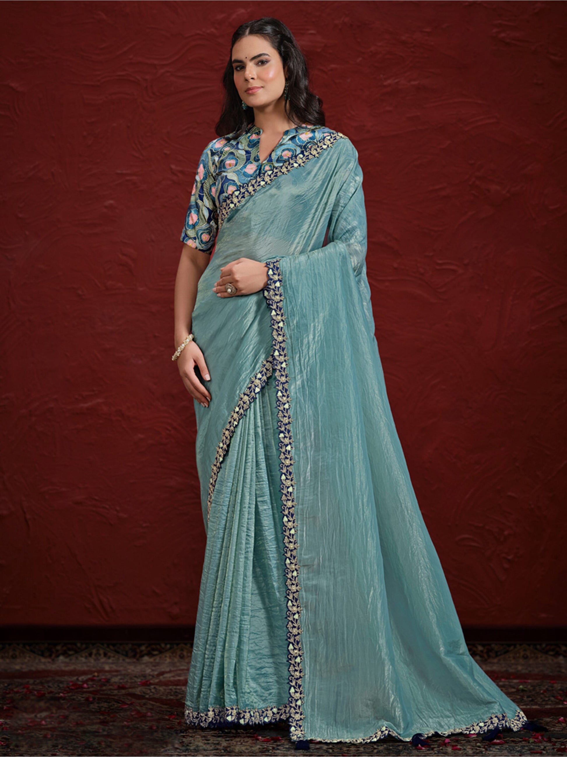 Alluring Blue Lace Work Silk Engagement Wear Saree With Blouse
