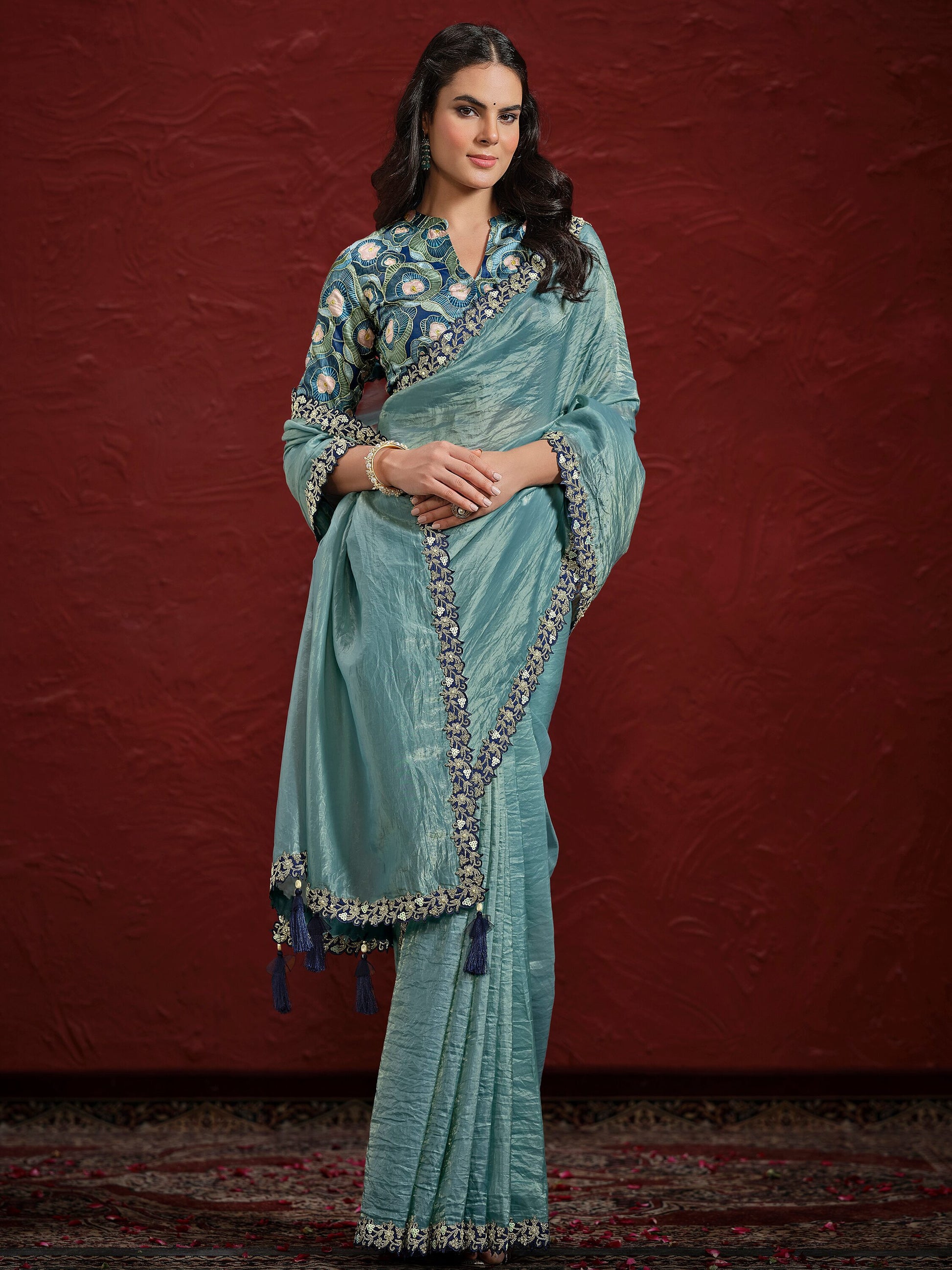Alluring Blue Lace Work Silk Engagement Wear Saree With Blouse
