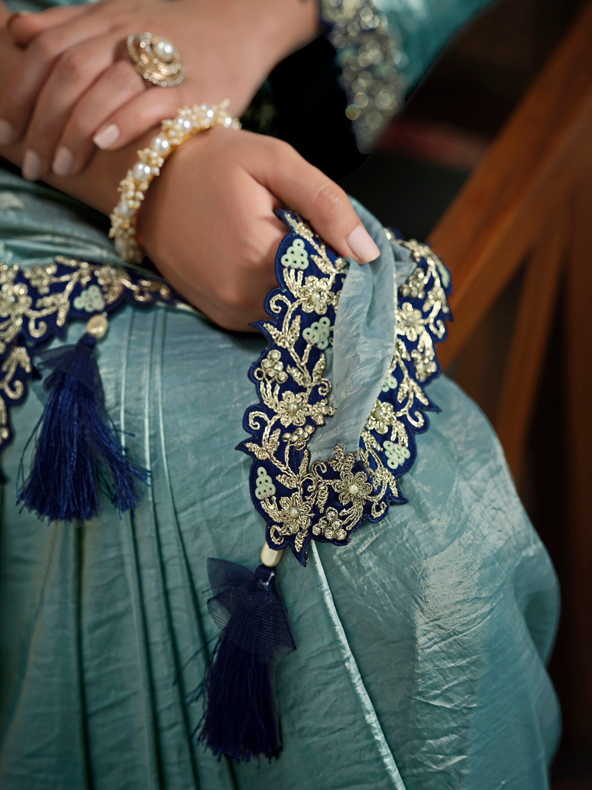 Alluring Blue Lace Work Silk Engagement Wear Saree With Blouse