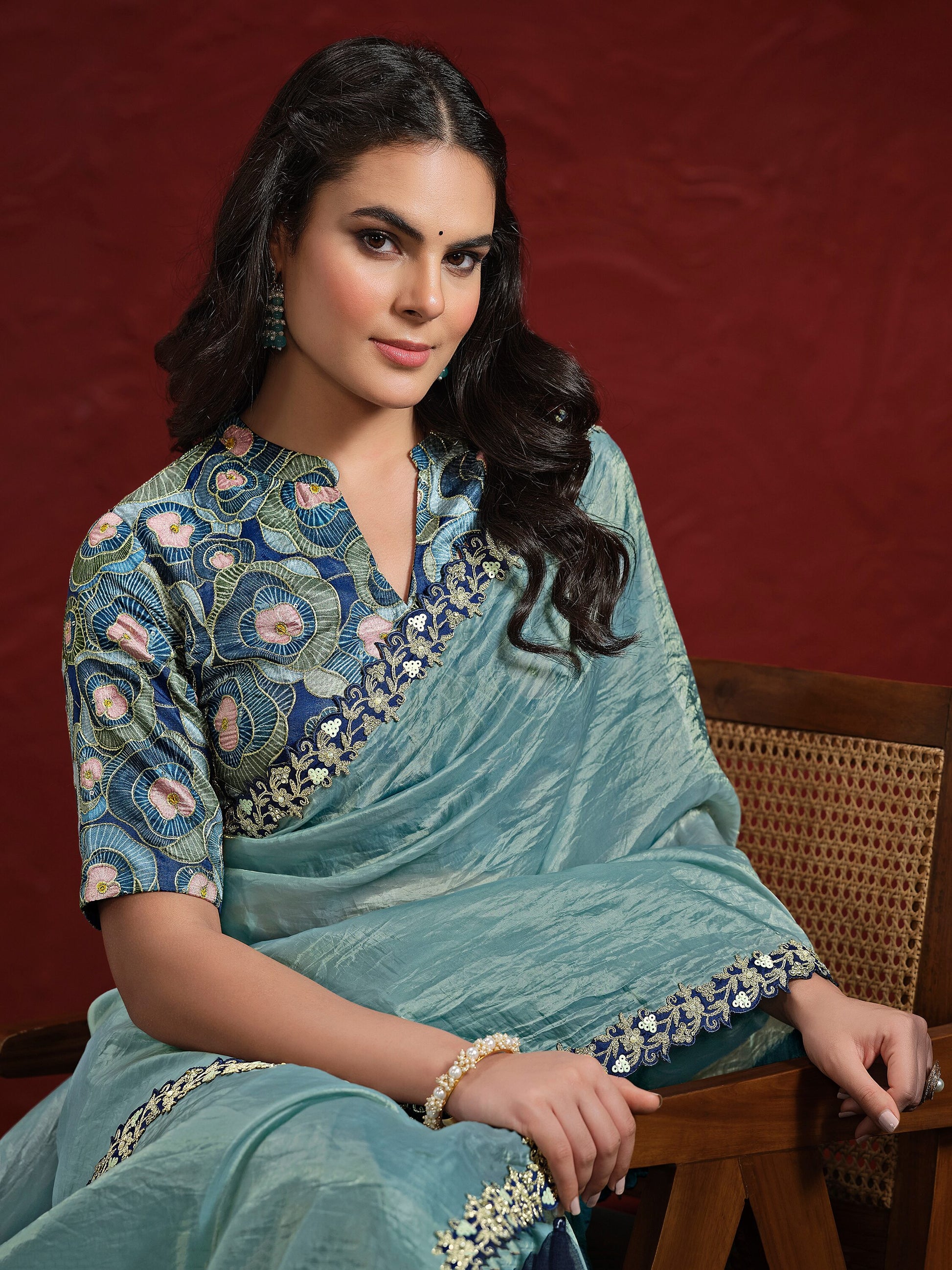 Alluring Blue Lace Work Silk Engagement Wear Saree With Blouse