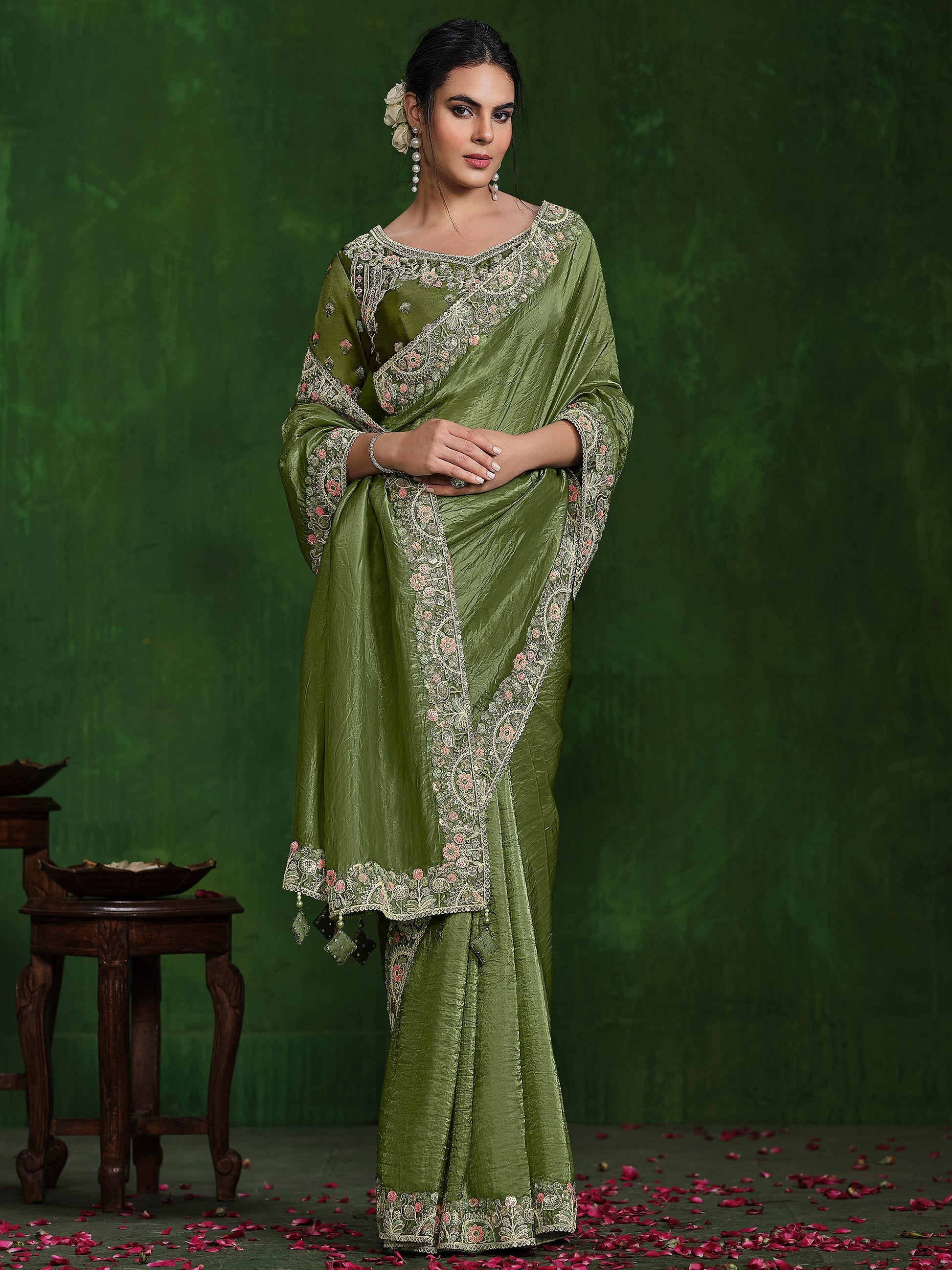Marvelous Olive Green Heavy Border Work Satin Mehendi Wear Saree